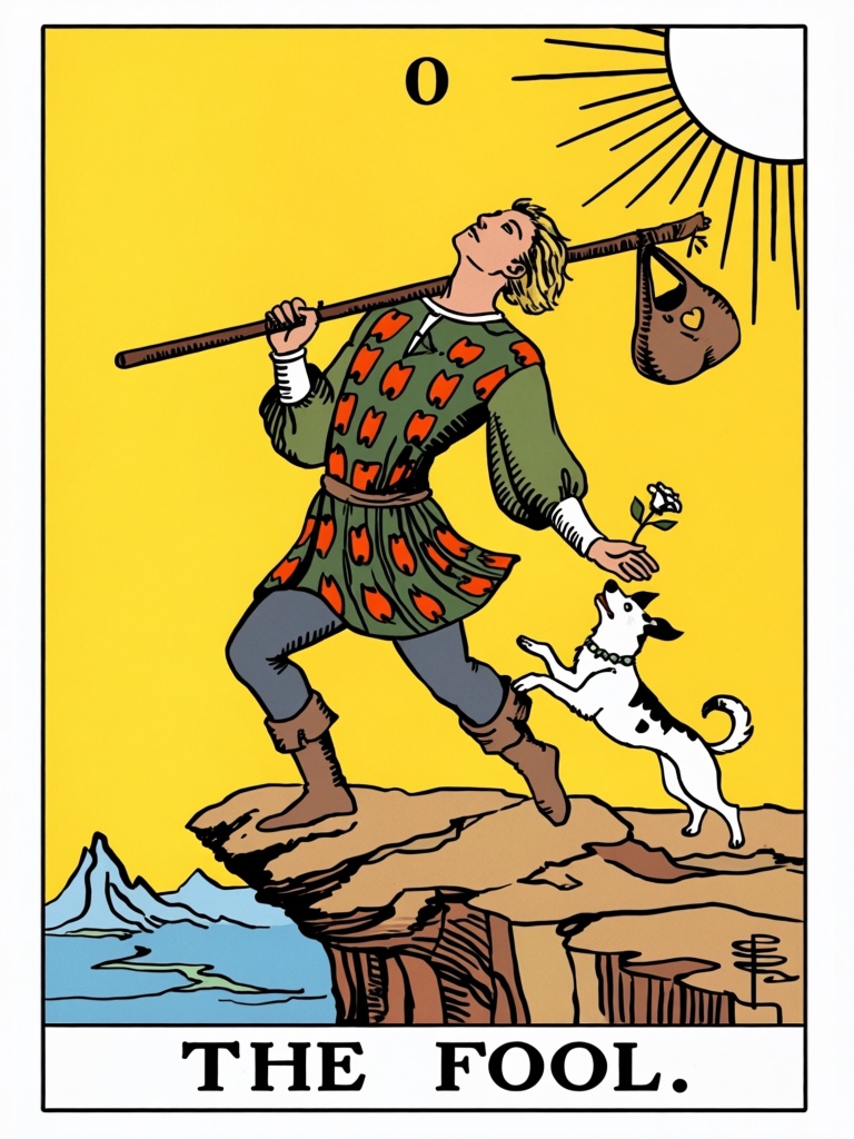 tarot,  text "the fool",  numbered 0 on top on Tensor.Art