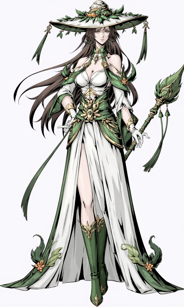 <lora:flux-lora-000010:1>,This image is a digital drawing in an anime-inspired art style, featuring a female character with a regal and mysterious appearance. The character has long, flowing dark brown hair that cascades down her back, and she wears a large, ornate hat adorned with leaves and flowers, giving her an ethereal, nature-inspired look. Her eyes are a piercing shade of green, adding to her enigmatic presence.She is dressed in a long, elegant white dress with a high slit on the left side, revealing her leg. The dress is intricately designed with green floral patterns and leaf motifs, matching the elements on her hat. The fabric of the dress appears to be smooth and flowing, creating a sense of movement and grace. Her arms are partially covered by long, white gloves, and she wears thigh-high green boots that have intricate gold detailing.In her right hand, she holds a long, slender staff with a green leafy design, suggesting a connection to nature or magic. The background of the image is plain white, which helps to emphasize the character and her detailed outfit. The overall color palette of the drawing is a mix of greens and whites, creating a harmonious and balanced composition.The character's stance is confident and poised, with her left leg slightly forward and her right hand resting on her hip, giving her an air of authority and command. The detailed and clean lines, along with the use of shading and highlights, add depth and dimension to the character, making her appear almost