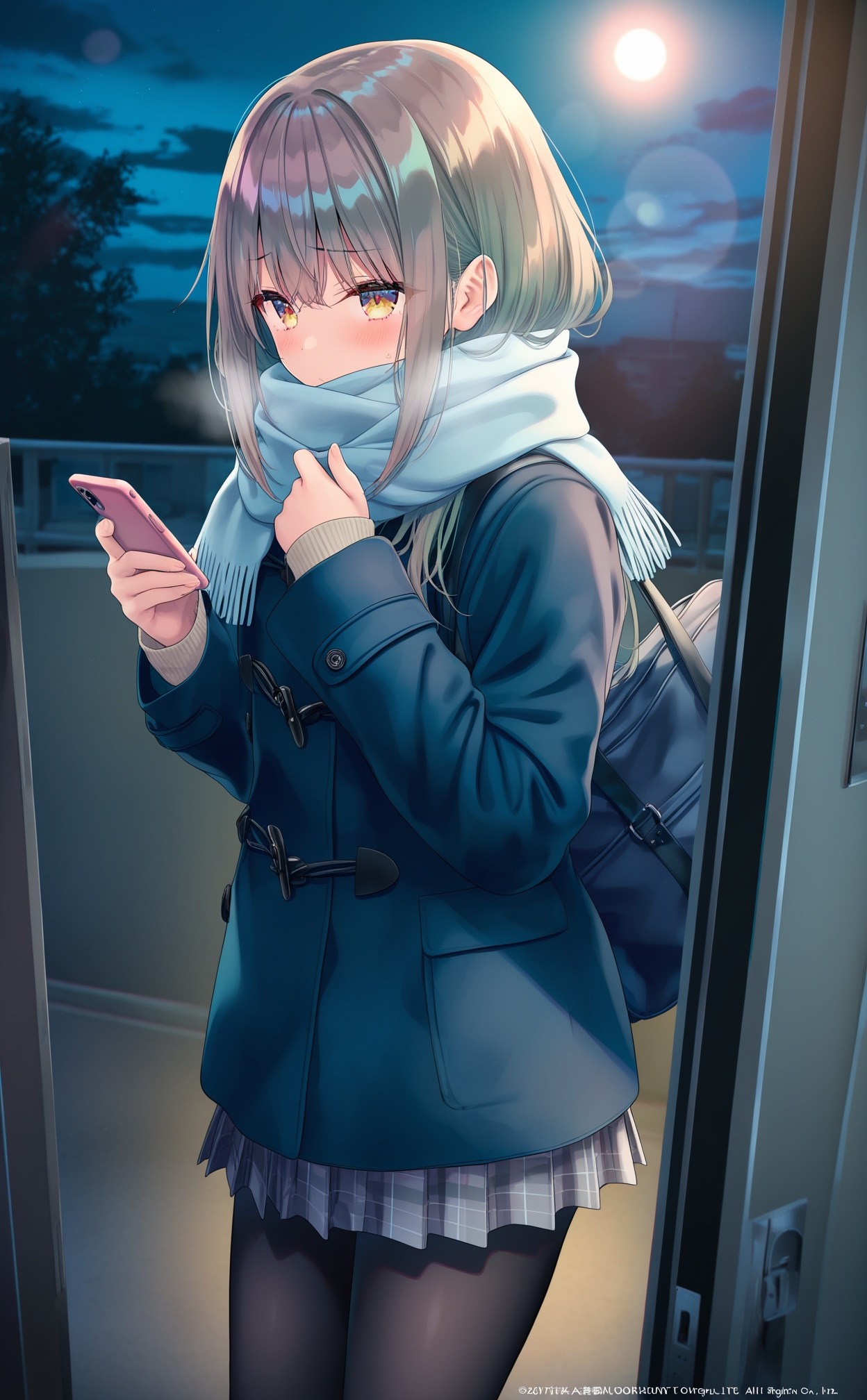 masterpiece,absurdres,best quality,high quality,chromatic_aberration,Night,darkness,black theme,shy,embarrass,endured_face,nsfw,//,1girl, solo, scarf, pantyhose, skirt, holding, bag, black pantyhose, school bag, long hair, pleated skirt, coat, yellow eyes, phone, enpera, blue coat, holding phone, long sleeves, grey skirt, sunset, school uniform, sweater, open door, blue scarf, plaid skirt, standing, cloud, plaid, blue bag, tree, door, cellphone, copyright notice, sky, sidelocks, smartphone, covered mouth, buttons, outdoors, green hair, winter clothes, sun, blush, grey hair, white scarf, indoors, jacket, fringe trim, duffel coat, from side, shoulder bag//,hotorealistic,((Artist:na-ga)),artist:luvluvvox,artist:fukai ryosuke,[artist:Torino aqua],artist:minato hitori,hiten_(hitenkei),artist:rurudo,artist:lazuri7,artist:yunikon,artist:ramchi,(courreges_ace),//,highres,HDR,8K,high contrast,illustration,depth of field,(colorful),Tyndall effect,contrast,lens flare,