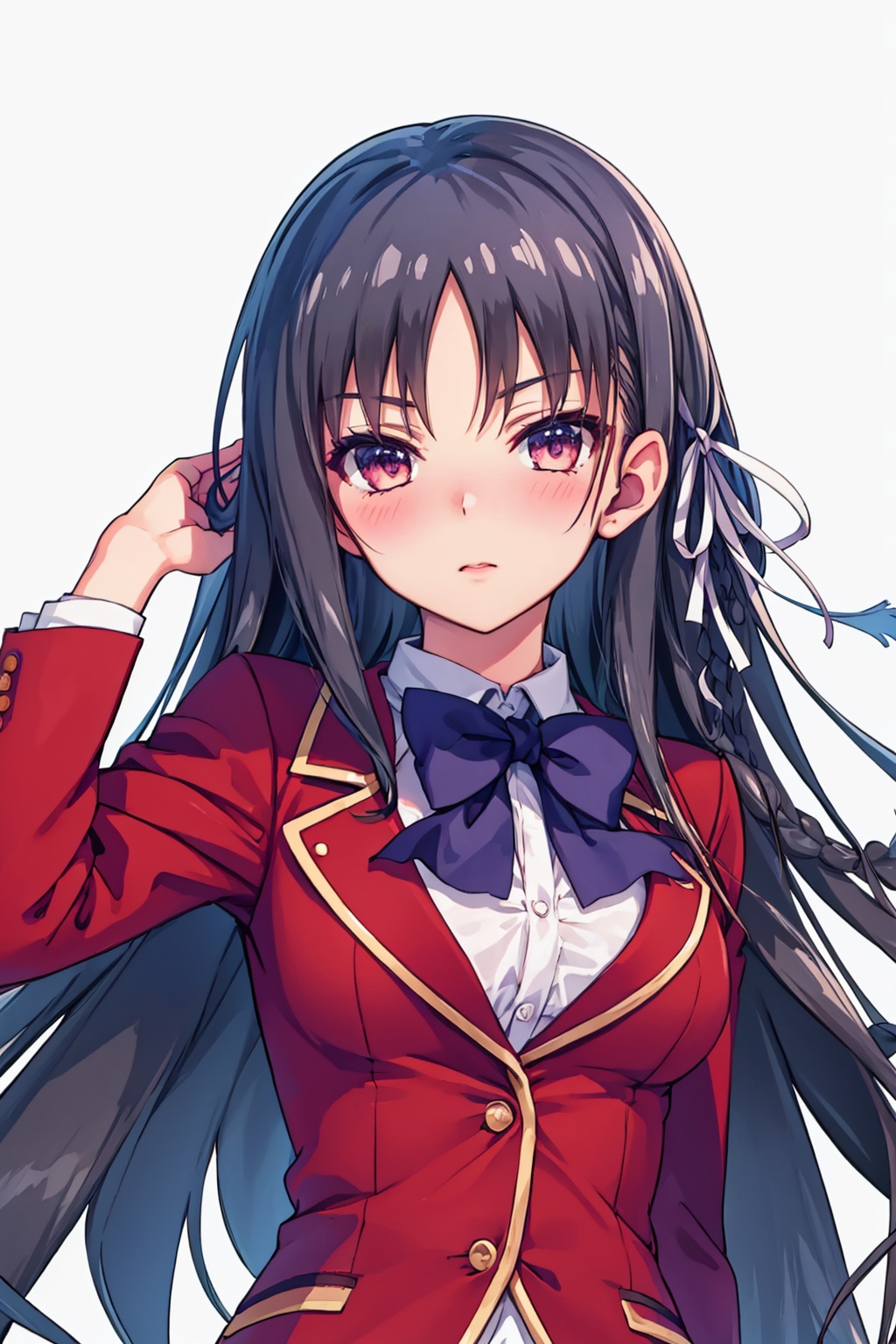 masterpiece,best quality, highly detailed, horikita suzune,1girl,solo,school uniform,medium breasts,blush,looking at viewer,hair ribbon,braid<lora:horikita_suzune:1>,simple background,white background