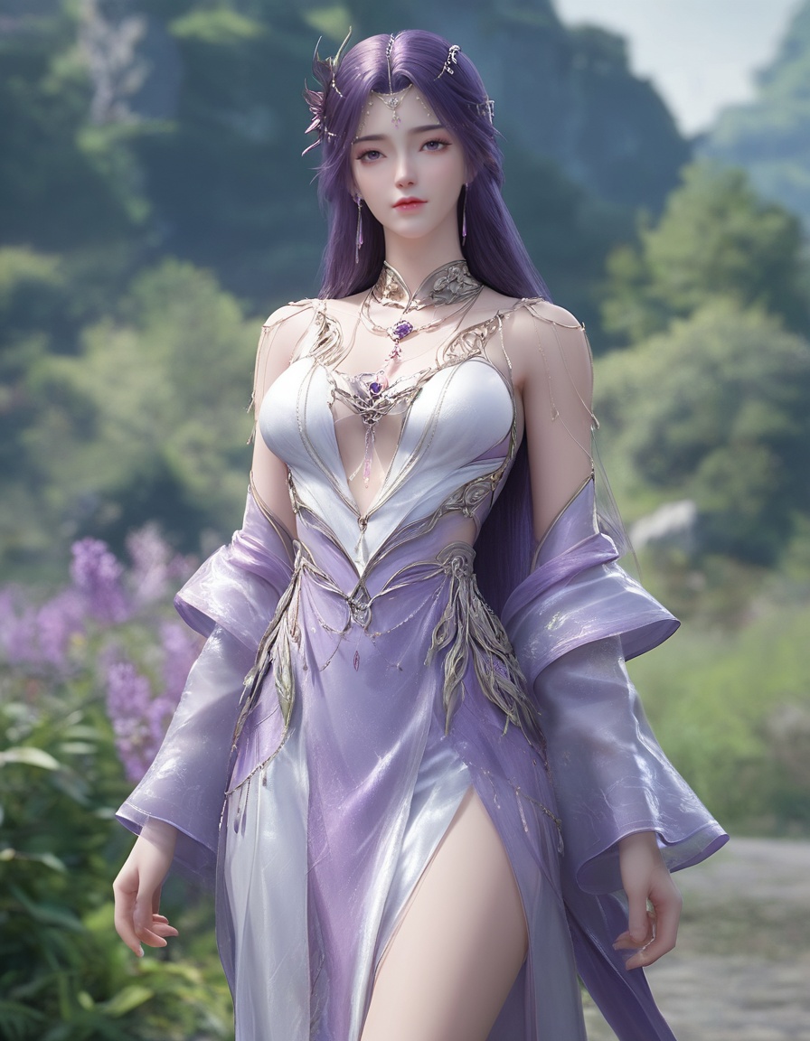 score_9,score_8_up,score_7_up,score_6_up,score_5_up,score_4_up,1girl,long hair,breast,medium breast,earrings,hair_ornament,dress,white_dress,purple eyes,purple hair,gaden,standing,outdoors,<lora:wy_yunxi_tms_XL6.0:0.8>,thick_thighs,highres,game cg,