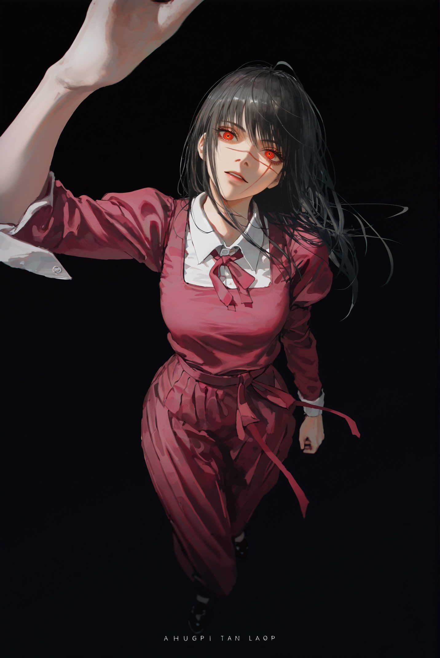 masterpiece,best quality, highres, absurdres,[[artist:as109,artist:wlop]],{[artist:wanke]},[artist:ciloranko],[[artist:hiten]],artist:k-suwabe,{{artist:mamimi}},artist:okazu,jijia,2d,anime,<lora:jijia-gnoobv-Tanger-000014:0.7>,negative space,cinematic shot,very awa,wide shot,from above,tragedy,solo 1girl yoru \(chainsaw man\),scar on nose,standing,looking up,looking at viewer,head up,head tilt,outstretched hand,reaching towards viewer,black background,simple background,