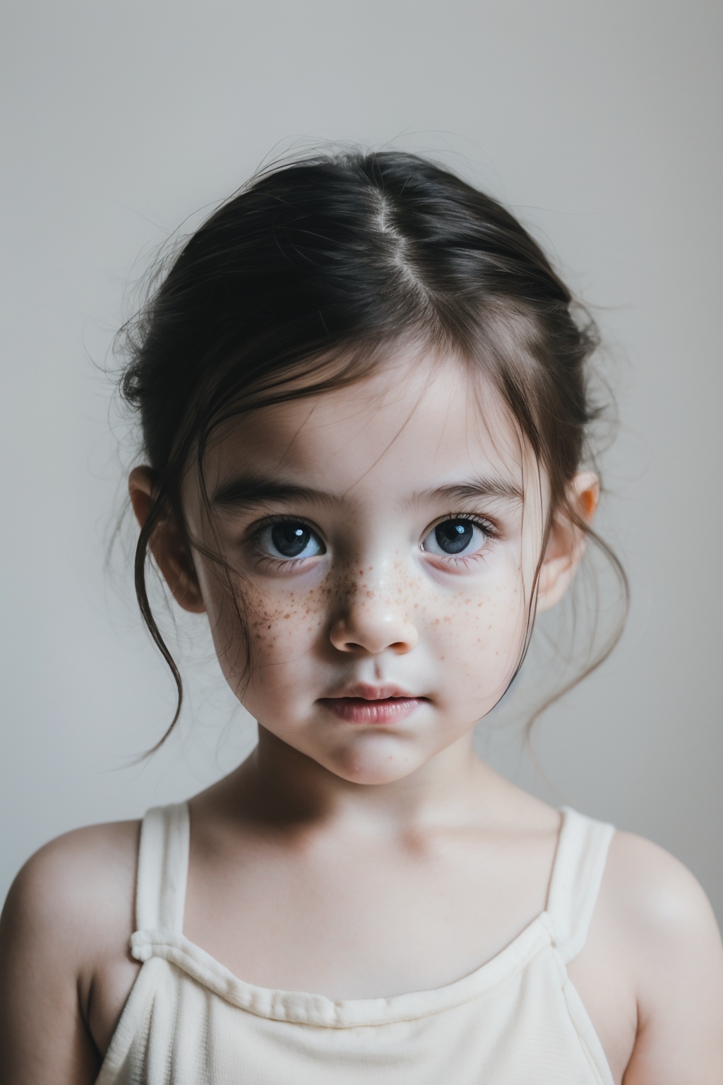child photography, young girl, child model, natural makeup, freckles, casual style, white top, close-up portrait, soft lighting, soft focus, dreamy aesthetic, innocence, playfulness, masterpiece,best quality,