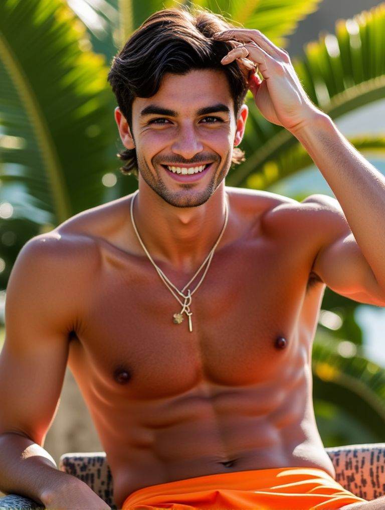 Ferran Torres ,  male focus. shirtless . he is smiling. hypnotic eyes. multiple pose positions. light particles. sparkling...