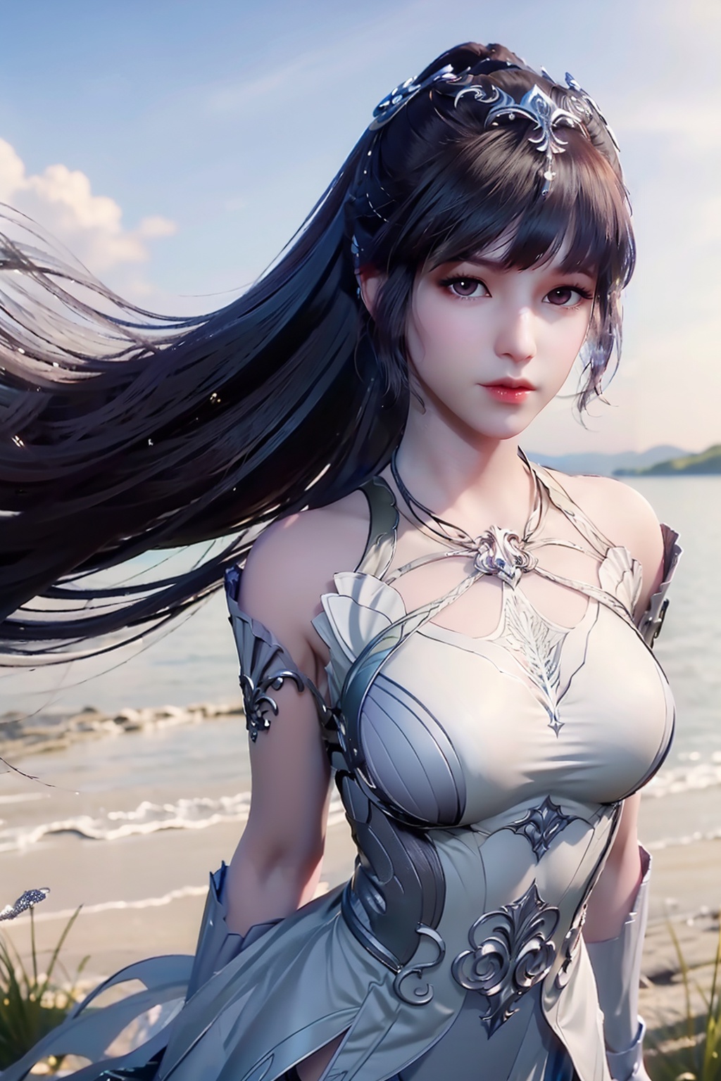 simple background,white_background,depth of field,1girl,solo,close-up,face_focus,barefoot,(fair_skin:1.2),large breasts,cleavage,looking at viewer,(masterpiece:1.3),8k wallpaper,best quality,extremely detailed CG,extremely delicate and beautiful,highres,anime,comic,game cg,<lora:xw_28D_v1-000007:0.75>,standing,portrait,in spring,dusk,savanna,starry sky,lake,flowers meadows,