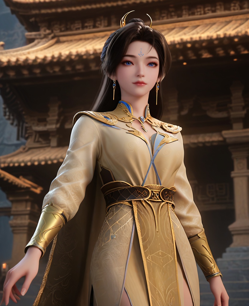 (oriental architecture, elegant decor, sophisticated style:1.1),((pose):1.1),(breasts:1.2),<lora:XL16遮天薇薇:0.95>,miss weiwei,beige dress,blue eyes,forehead mark,black hair,long hair,hair ornament,earrings,jewelry,belt,cape,wrist support,pelvic curtain,, score_9,score_8_up,score_7_up,score_6_up,score_5_up,score_4_up,3d rendering,tag1,tag2, Cinematic Lighting,backlighting,