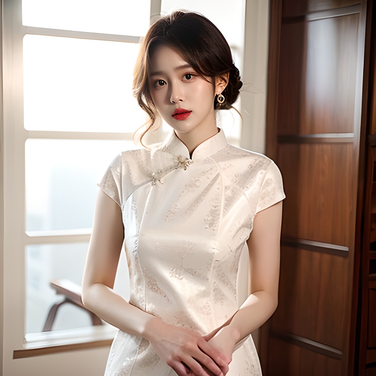 1girl, white_cheongsam <lora:旗袍:0.8>white_cheongsam