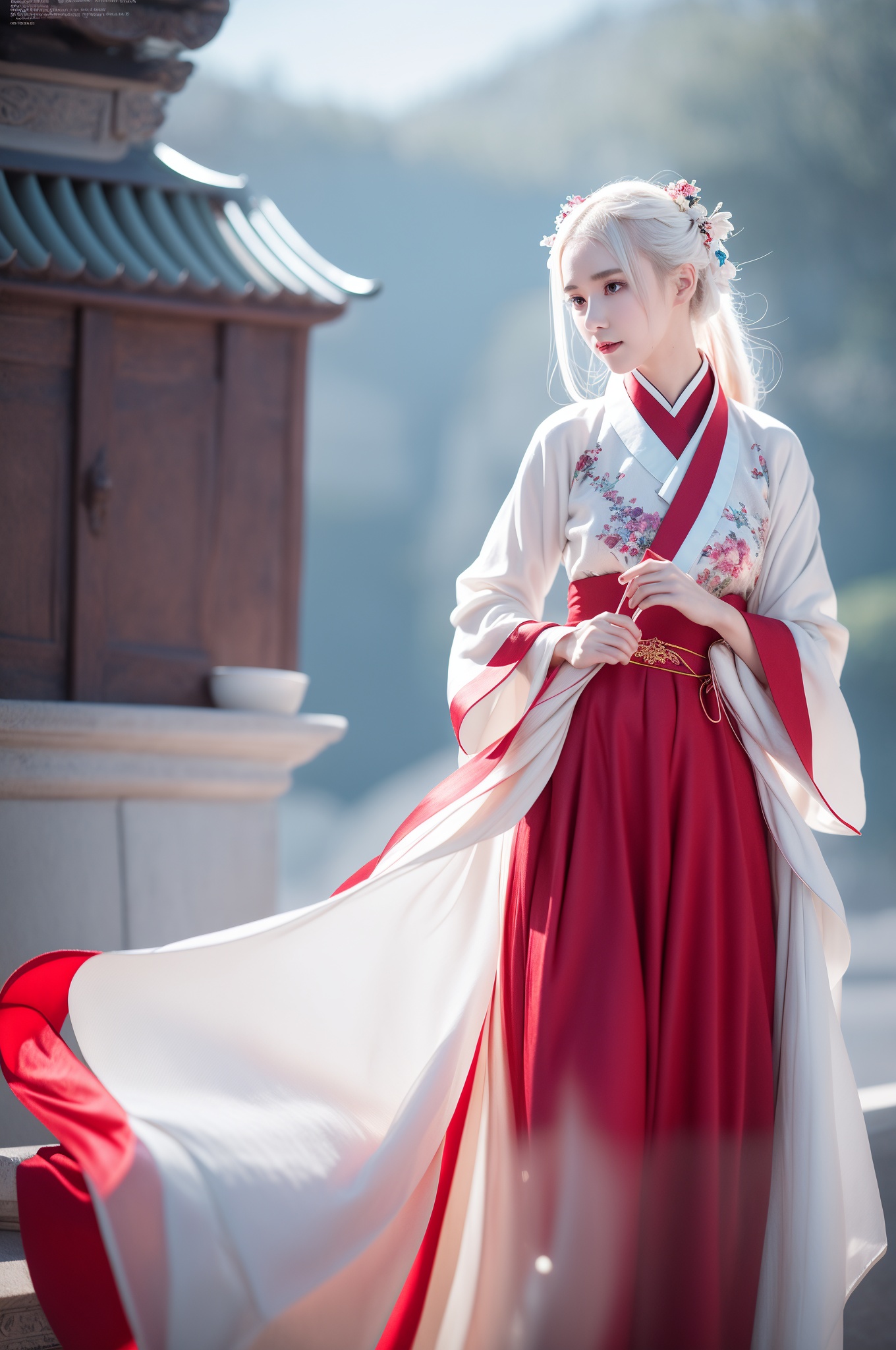 (masterpiece, top quality, best quality, official art, beautiful and aesthetic:1.2) ,cover art, (photo effect:1.5) ,girl,wearing hanfu,chinese_clothes, multidimensional, sgraffito, three colors, award winning, vintage, Breathtaking Vampiric very tall, long legs ([Lan:Aoife:3]:1.3) , 🤥, Necrophage, dressed in a very Traditional Band collar shirt from the Classical Antiquity, Jumping, she has Platinum hair, cinematic, contest winner, Ribbons, pixiv, Embossing, Vibrant Color, rich color, Plain white background, concept art, Highres, dmt, dreamy magical atmosphere, highly detailed, Classicism Art