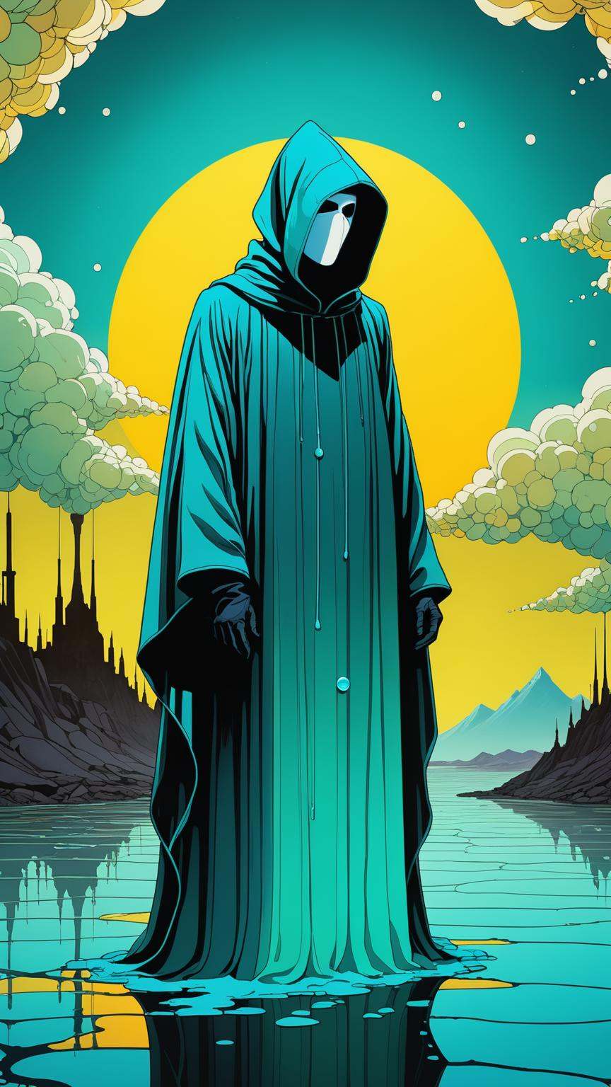 oniric portrait of a tall cloaked figure with a white mask, Azem the Traveler, yearning to explore the ends of the world to discover its wonders and help its denizens, by Andy Kehoe, a gradient masterpiece, blue cyan yellow, Rococopunk, luminism, vaporwave, glitched body, seamless, China ink, Ink Bubbles, alcohol ink elements, curved lines, cinematic, realism, chiaroscuro, Shadow play, Gold leaf small lines, bright splashes of alcohol ink puddles, volumetric light, auras, rays of sunlight, bright colors reflect, isometric, digital art, smog, pollution, toxic waste, chimneys and railroads, 3d render, octane render, volumetrics, by greg rutkowski, vaporwave aesthetic
