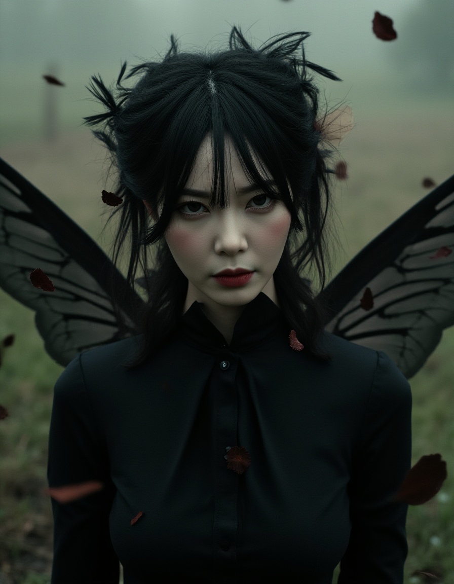 realistic portrait,film style,upper body,Aesthetics of material mourning,illusory and ethereal fairy with black wings,Gothic clothing,the background is the sacred symbol of ideal beauty that is about to disappear,translucent petals drifting with the wind,fluorescent raindrops like broken shadows,a little cold tone,natural hiding color method,complementary color coloring,hazy soft color,warm and glossy,frame composition,like dream,mystery,aestheticism,