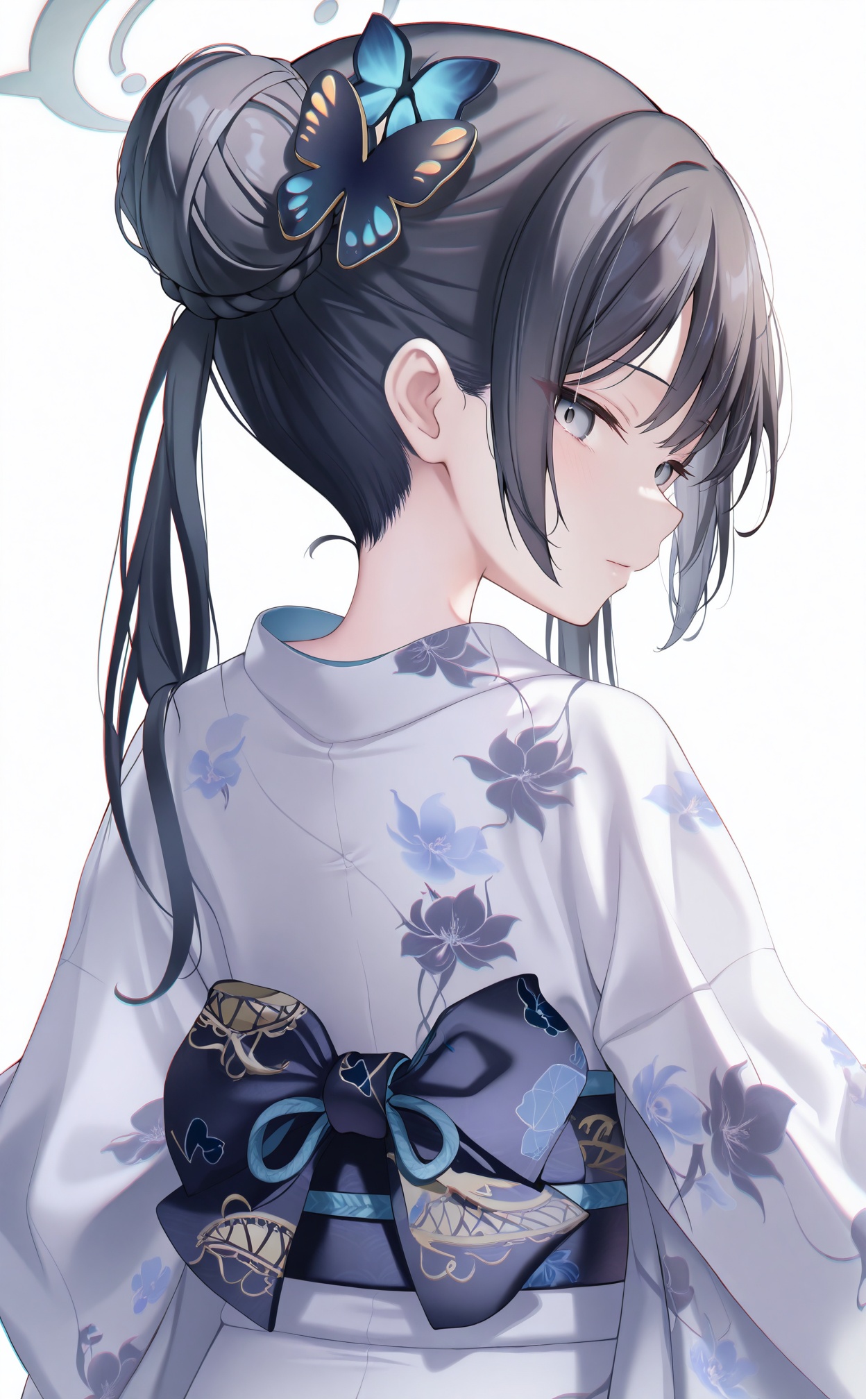 masterpiece,absurdres,best quality,high quality,chromatic_aberration,//,1girl,halo,solo,butterfly hair ornament,japanese clothes,black hair,hair bun,white kimono,kisaki (blue archive),hair ornament,grey eyes,kimono,looking at viewer,simple background,double bun,grey halo,white background,looking back,twintails,long hair,upper body,braid,braided bun,from behind,closed mouth,sash,obi,nape,back bow,long sleeves,//,//,<lora:timmoo——【CKXL】hans:1>,