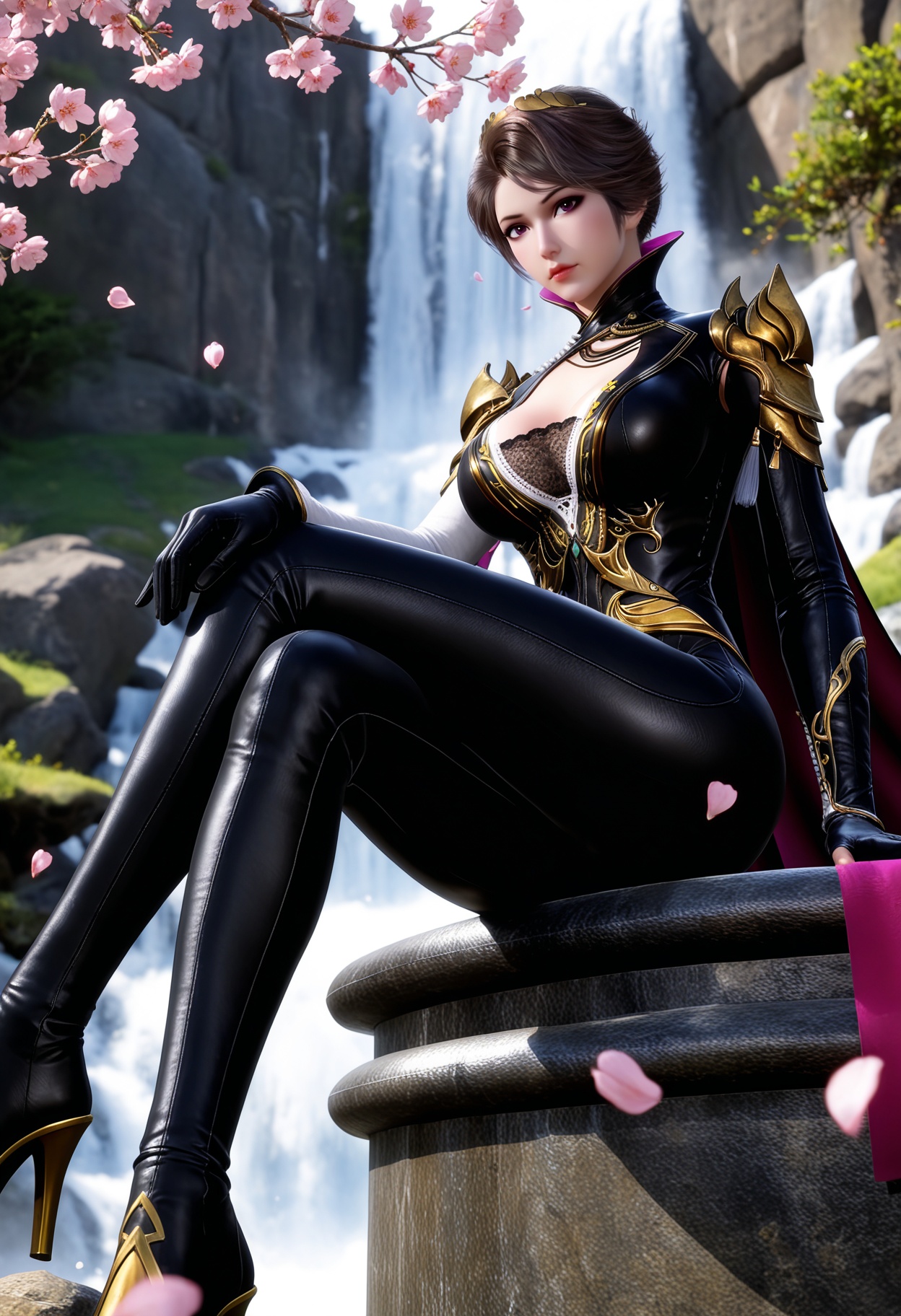 masterpiece,best quality,amazing quality,high resolution,ultra-detailed,absurdres,(looking at viewer:1.1),(moody lighting:1.1),waterfall,peach blossom,falling petals BREAK large breasts,cleavage,zhuzhuyun,1girl,solo,short hair,brown hair,bodysuit,gloves,high collar,armor,purple eyes,cape,shoulder armor,hair ornament,makeup,clothing cutout,black bra,lace-trimmed bra,black gloves,high heels,huge ass,(thick_thighs:1.3),sitting,(crossed legs:1.3) BREAK photorealistic details,<lora:QQSillzhuzhuyunV1:0.8>,
