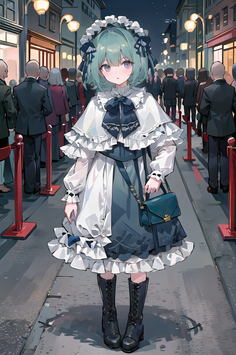 full body, (blouse,  red long skirt,  lace-up boots,  Hair ribbon,  handbag,  ,  brown capelet,  frilled shawl,  )1girl,  solo,  Aqua green hair,  short hair,  bow,  blue bow,  hair ornament, hand on hip,  red lips,  parted lips, night, makeup,  best quality,  high resolution illustration,  Amazing,  highres,  intricate detail,  best illumination,  best shadow,  an extremely delicate and beautiful,  looking at viewer, city,  road,  street,  crosswalk, <lora:EMS-58280-EMS:0.500000>, , <lora:EMS-85720-EMS:0.700000>