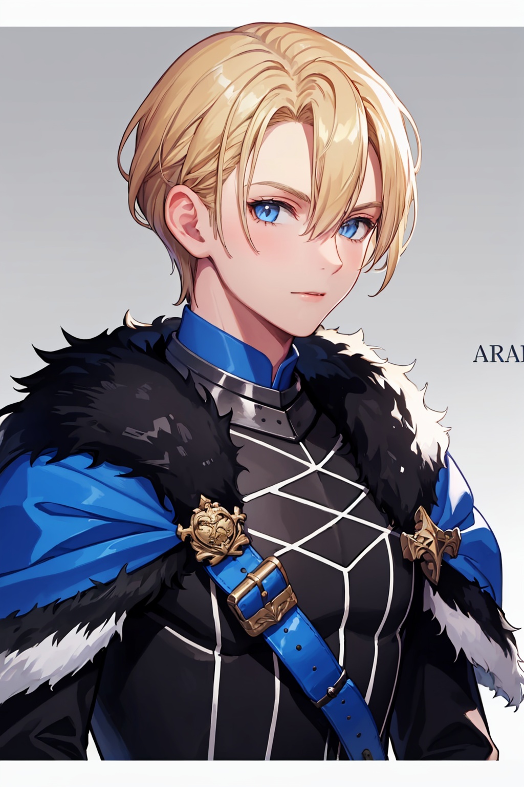masterpiece,best quality, highly detailed, 1boy,armor,dimitri alexandre blaiddyd,fur trim,male focus,solo,cape,upper body,looking at viewer,simple background,artist name,closed mouth,<lora:dimitri_alexandre_blaiddyd:1>