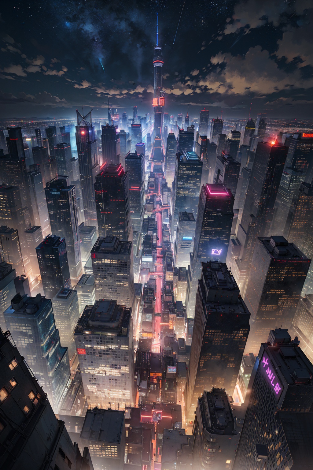 masterpiece,best quality,(ray tracing,cinematic lighting),photography,from above,cyberpunk city,tower,skyscraper,neon lights,night,cloud,starry sky,