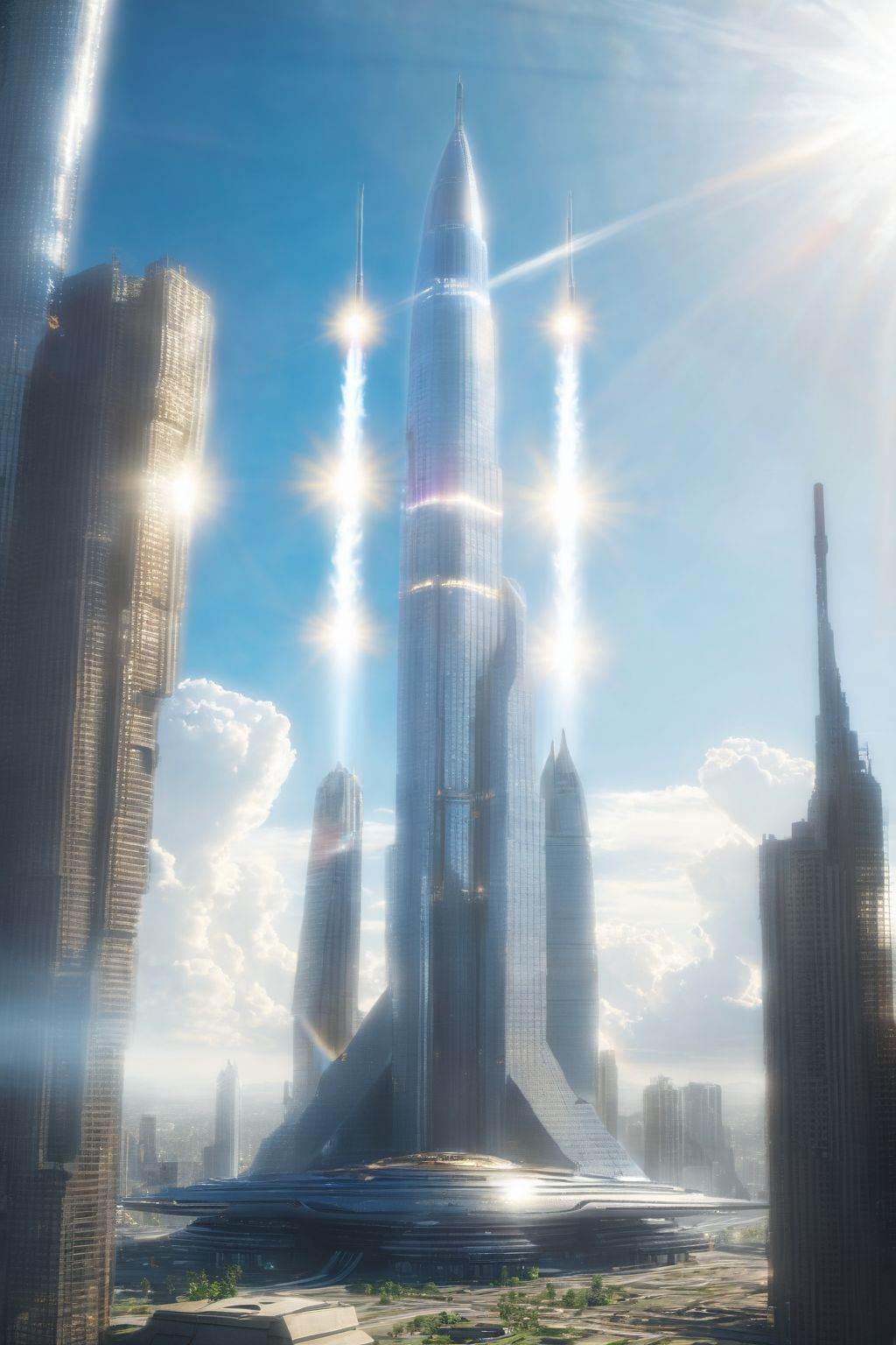 (masterpiece, best picture quality:1.3),realistic,SCI-FI City,scenery,science fiction,no humans,city,building,cityscape,sky,aircraft,outdoors,skyscraper,lens flare,cloud,spacecraft,