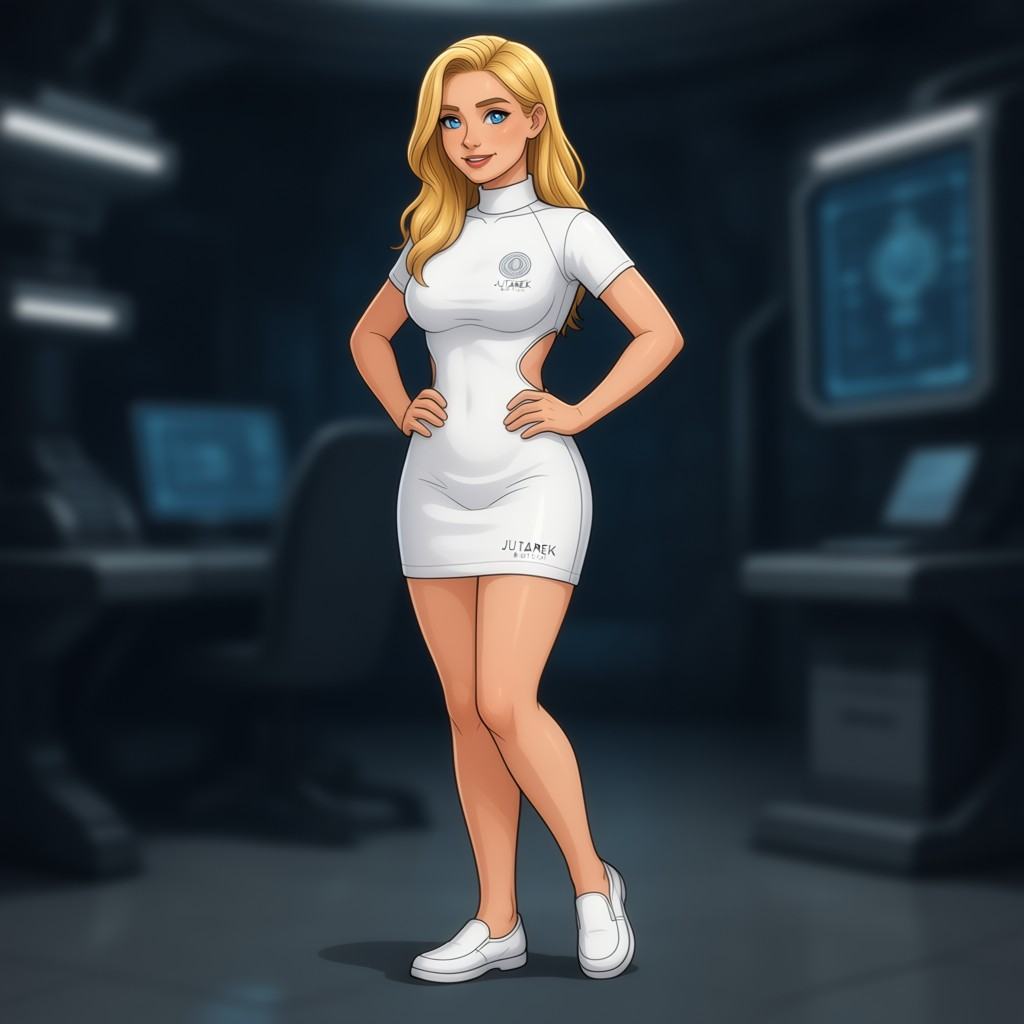 This is a digital illustration of a young woman standing against a a blurred,  dark sci-fi research laboratory background....