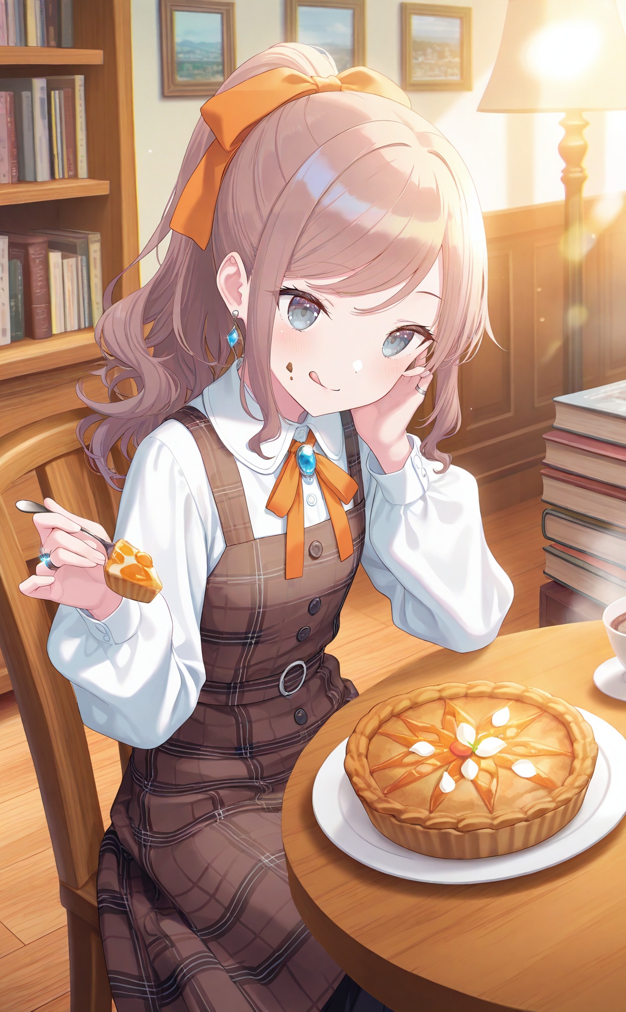 masterpiece,very aware,highres,absurdres,newest,best quality,(loli),petite,high quality,chromatic_aberration,White Theme,//,jewelry, food, plaid_dress, 1girl, plaid, holding, sitting, light_particles, plate, holding_food, dress, brown_hair, tongue, chair, earrings, brown_dress, tongue_out, solo, long_sleeves, shirt, blue_eyes, swept_bangs, pie, ponytail, brooch, hands_up, bow, white_shirt, pinafore_dress, table, orange_bow, :q, puffy_long_sleeves, bookshelf, indoors, collared_shirt, hair_bow, food_on_face, drawing_\(object\), picture_frame, book, sleeveless_dress, sidelocks, blurry, ribbon, buttons, puffy_sleeves, smile, on_chair, closed_mouth, orange_ribbon, neck_ribbon, long_hair, licking_lips, ascot, depth_of_field, glint, sleeveless, grey_eyes, collared_dress, high_ponytail, lamp, wooden_table, feet_out_of_frame, desk_lamp, book_stack, wooden_floor, wavy_hair, fruit, dot_nose, holding_plate, hand_up, saucer, hair_ribbon, hand_on_own_face, cup, ring//,artist:luvluvvox,artist:fukai ryosuke,[artist:Torino aqua],artist:minato hitori,hiten_(hitenkei),artist:rurudo,artist:lazuri7,artist:yunikon,//,absurdres,newest,very aesthetic,amazing quality,highres,sensitive,ultra detailed,best anatomy,HDR,8K,high detail RAW color art,high contrast,illustration,depth of field,(colorful),phenomenal aesthetic,detailed light,blurred picture,Tyndall effect,contrast,lens flare,cinematic lighting,//,<lora:PVC5——【noob】hans:0.3>,<lora:konya_karasue——【noob】hans:0.5>,<lora:pjsk-noob-hans:0.65>,