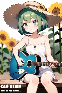 white background,cinematic,dutch angle,outdoors,1girl,solo,green hair,hat,flower,sunflower,gloom,holding instrument,electric guitar,sitting,straw hat,shiny skin,short hair,camisole,light particles,bokeh,blurry,depth of field,blurry background,fog,dyntall effect,(movie poster,english text), 