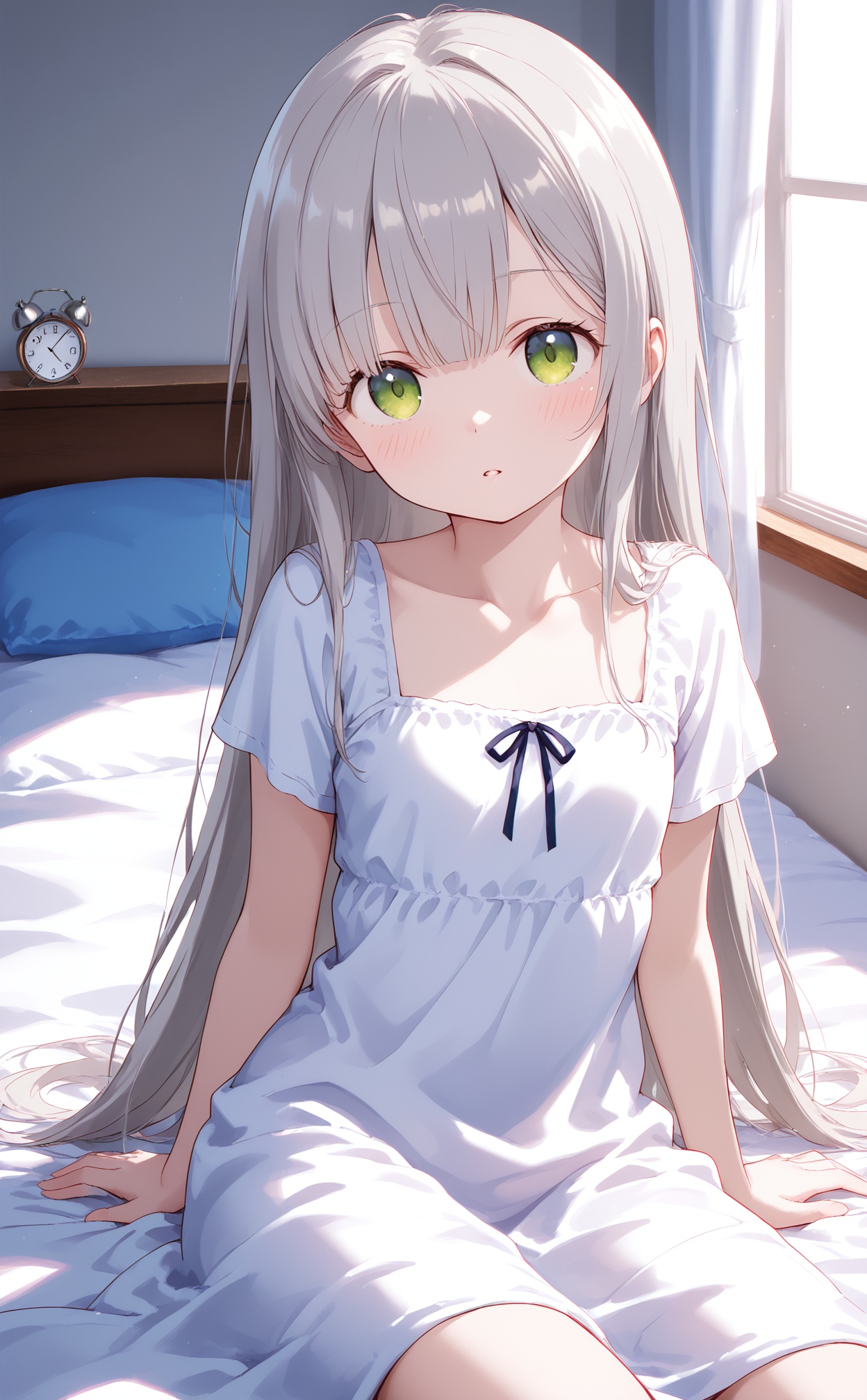 masterpiece,very aware,highres,absurdres,newest,best quality,high quality,loli,petite,chromatic_aberration,white_background,//,1girl,Blue pillow,solo,sitting,green eyes,long hair,clock,pillow,looking at viewer,under covers,curtains,indoors,window,bangs,grey hair,short sleeves,collarbone,blush,day,blanket,alarm clock,bed sheet,parted lips,bed,on bed,sunlight,very long hair,lying,dress,//,year_2023,year_2024,//,