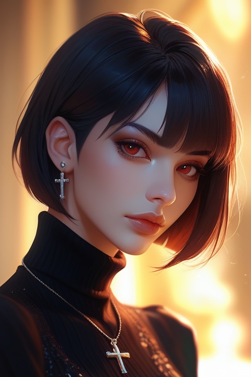 score_9,score_8_up,score_7_up,gthan,1girl,solo,short hair,black hair,jewelry,looking at viewer,necklace,cross,portrait,bangs,red eyes,closed mouth,turtleneck,blurry background,cross necklace,lips,piercing,blurry,bob cut,eyelashes,