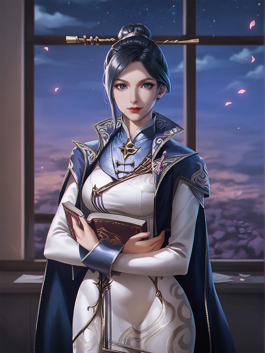 zPDXL3,zPDXLrl,score_9,score_8_up,score_7_up,source_realistic,rating_safe,<lora:zhouyi-000008:0.8>,zhouyi,1girl,solo,closed mouth,single hair bun,(hair stick),jewelry,high collar,chinese clothes,jacket on shoulders,cape,hugging book,looking at viewer,cowboy shot,indoors,classroom,landscape,window,night sky,star \(sky\),cloud,falling petals,glowing,depth of field,blurry background,