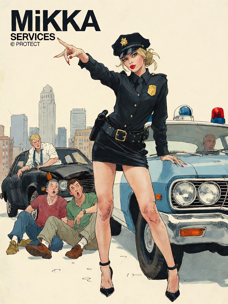 Bradhamel art style. A confident,  stylishly dressed female police officer in a black uniform with a star-adorned cap and...