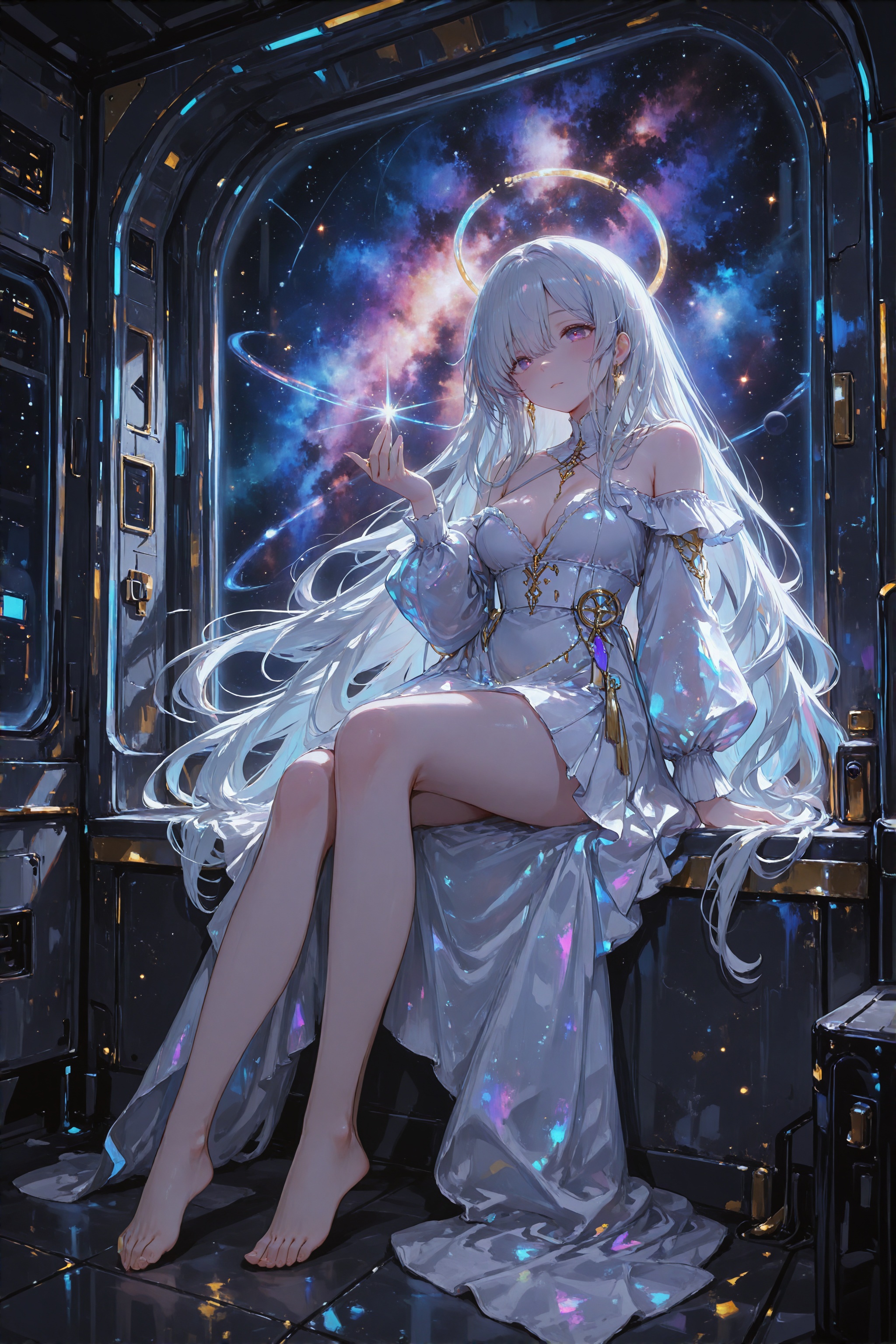A painting of SomberFantasy,  a graceful young female space explorer with delicate features,  long flowing platinum hair w...