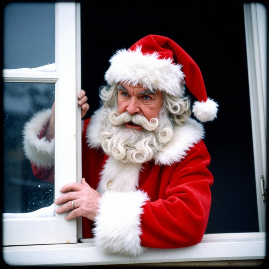 analog film photo of cinematic technicolor style a man dressed as santa claus peeking out of a window,  perfect image,  pe...