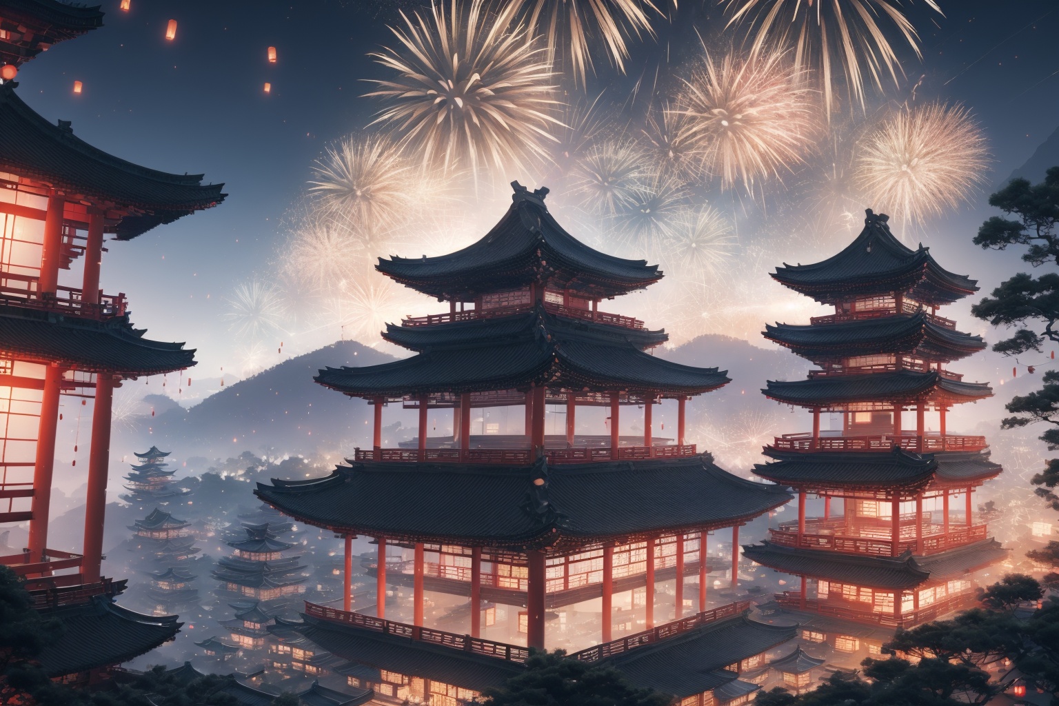 <lora:AgainGuofengStyle:1>,AgainGuofengStyle, scenery, architecture, no humans, east asian architecture, fireworks, sky, outdoors, night, lantern, night sky, building, paper lantern, aerial fireworks, pagoda, star \(sky\), tree, cloud, railing, stairs