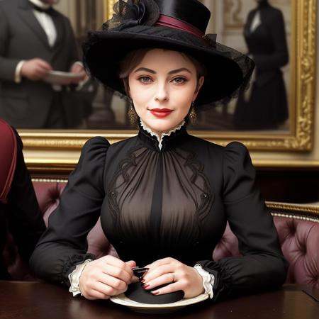 masterpiece,  uhd,  sharp color photo of a beautiful woman wearing a high-neck layered black dress on Tensor.Art