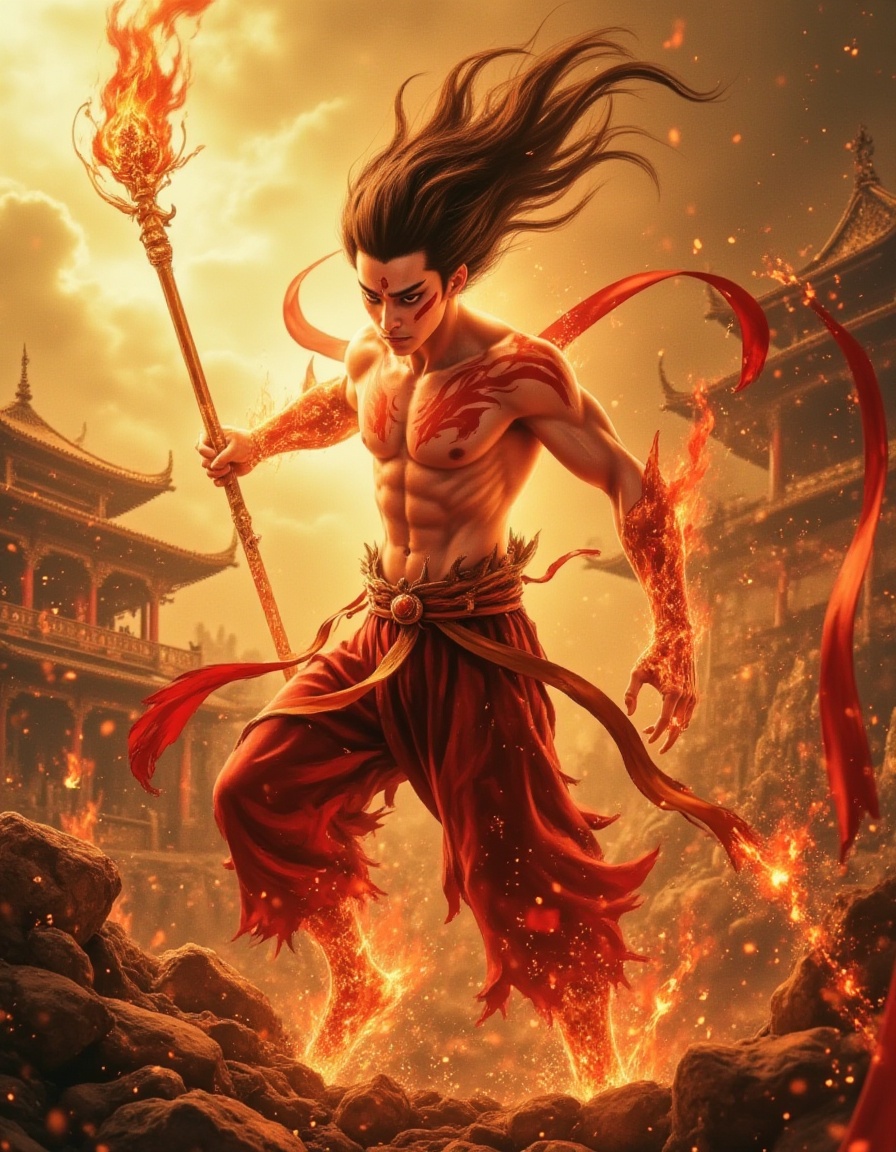 danezha,(masterpiece:1.4),(traditional Chinese painting style:1.3),***** Nezha bursting with spiritual flames,molten lava patterns on bare torso,(fierce glare:1.6),crimson energy radiating from facial marks,flaming spiked hair whipping violently,wielding blazing spear in dynamic thrust pose,(energy shockwaves:1.5),collapsing temple ruins background,ink splatter effects simulating motion,8k cinematic lighting,<lora:lora.by_tusi:1>,