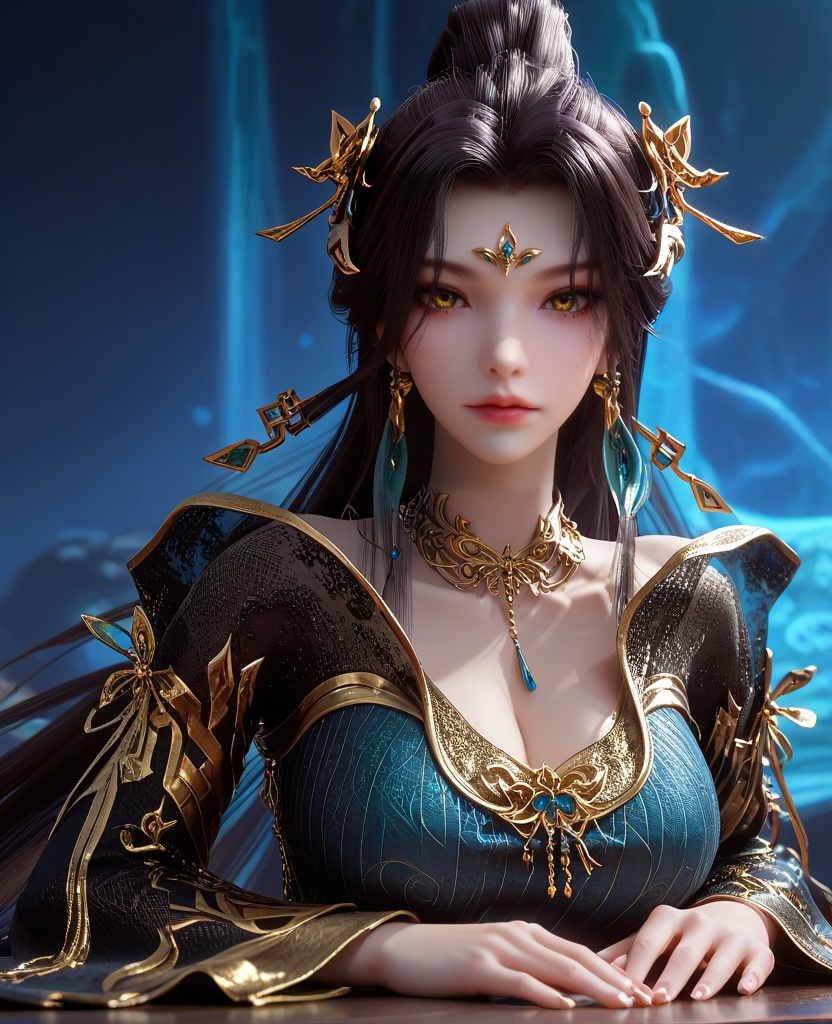 (rest her head and arms on the table:1.1),(large breasts:1.2),<lora:XL16云深不知梦羲和第9集:0.95>,miss xihe,ombre gown,yellow eyes,forehead jewel,black hair,absurdly long hair,traditional chinese updo with long cascading hair,hair ornament,jewelry,earrings,wide sleeves,boots,eyeshadow,, score_9,score_8_up,score_7_up,score_6_up,score_5_up,score_4_up,3d rendering,tag1,tag2, Cinematic Lighting,backlighting,