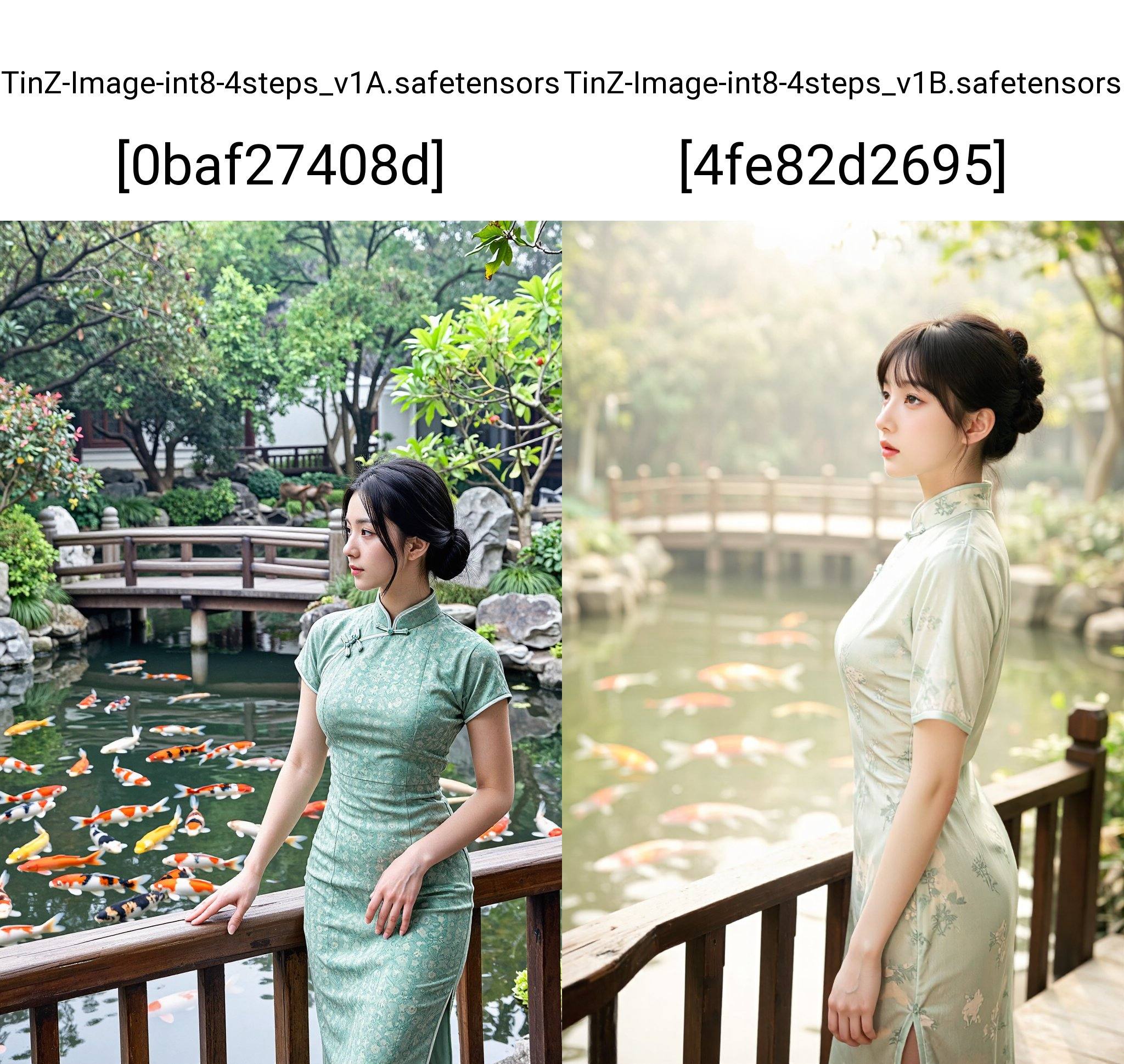这是一张捕捉宁静朦胧的亚洲花园景象的照片。一位年轻的亚洲女子,  肤色白皙,  黑发挽成优雅的发髻 on Tensor.Art