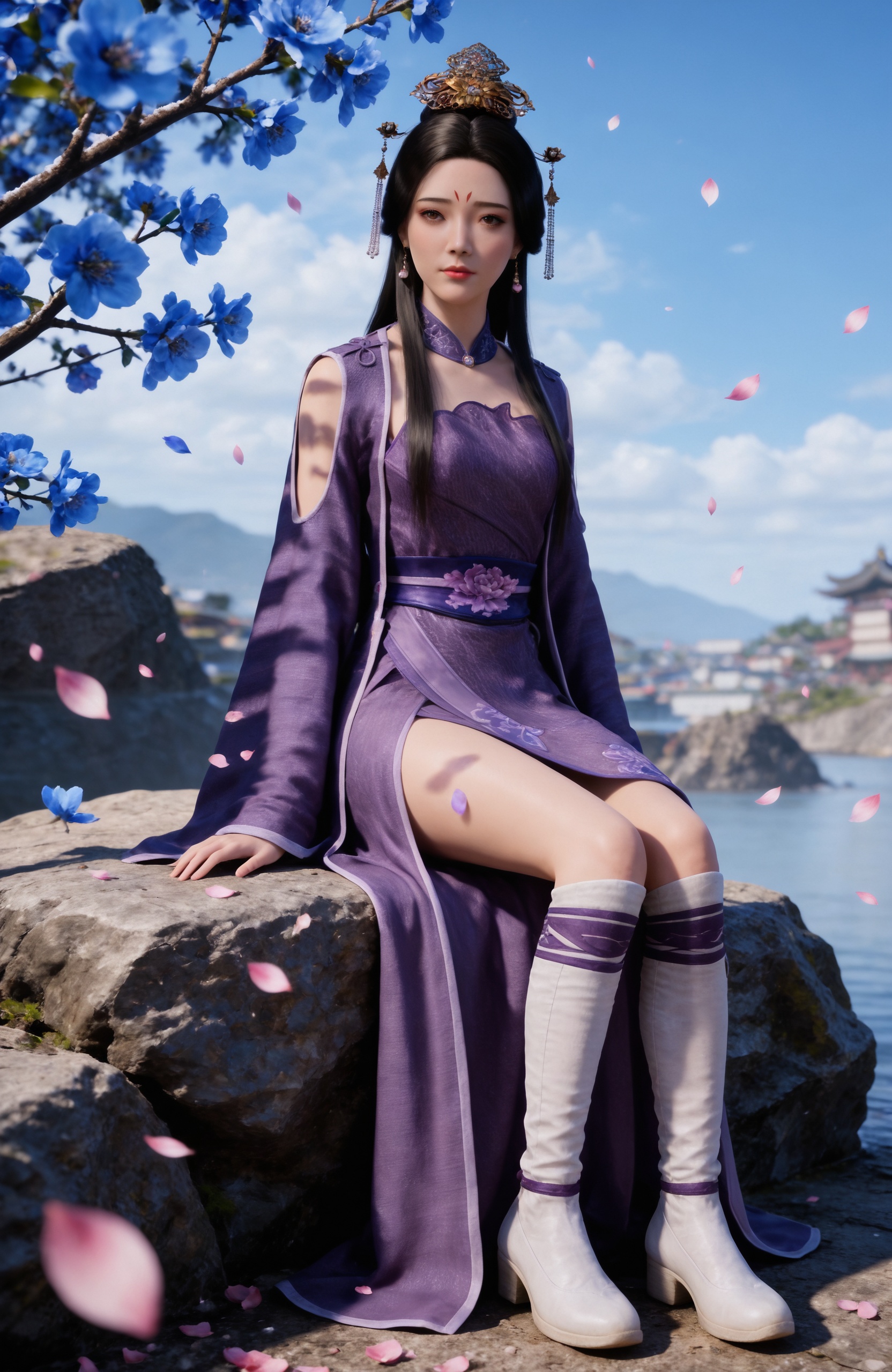 <lora:凡人修仙传-妙音门-周媛Pony:0.7> 1girl, black hair, hair ornament, earrings, long hair, forehead mark,brown eyes,, single hair bun, chinese clothes, purple dress, long sleeves, clothing cutout, dress,sash,white footwear, masterpiece,best quality,amazing quality,very aesthetic,high resolution,ultra-detailed,absurdres,scenery,photorealistic,looking at viewer,moody lighting,peach blossom,falling petals,realistic,photorealistic details,, ,snowing, rock,,blurry,sitting,full body,arm support,blue flower,snowflakes