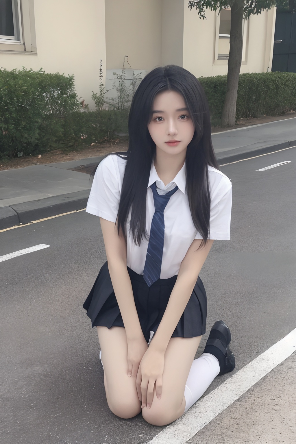 1girl,solo,black hair,necktie,skirt,kneeling,long hair,socks,looking at viewer,black footwear,realistic,school uniform,shirt,white socks,white shirt,shoes, <lora:sifang_20231118123505:0.6>