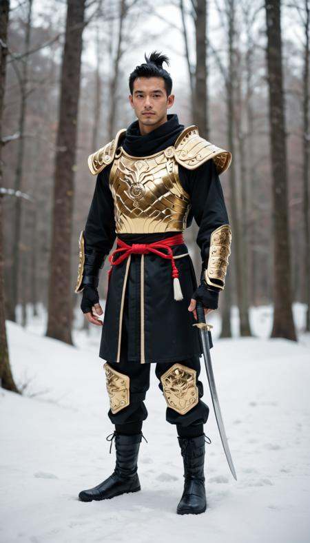 score_9_up, score_8_up, score_7_up, Raw Photo, Full Body Shot, Man, Samurai, asian, wearing shiny satin black and gold metal armor, intricate ornate weaved gold filiegree, in a snowy forest, full body cinematic lights, depth of field, dynamic angle, photo realistic:1.4, realistic skin:1.4, fashion photography, sharp, analog film grain, hyperdetailed:1.15