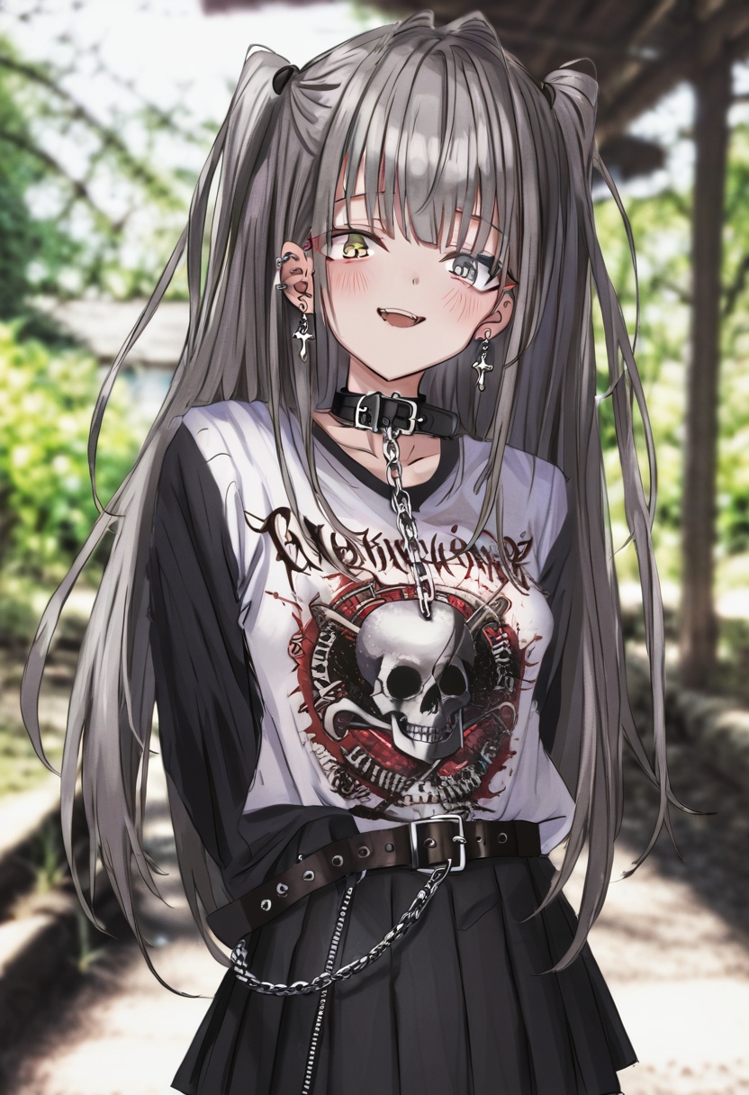 masterpiece, best quality,1girl,   solo, heterochromia, collar, jewelry, long hair, chain, blush, looking at viewer, arms behind back, earrings, blue eyes, skirt, yellow eyes, parted lips, belt collar, cross, pleated skirt, leash, black skirt, grey hair, two side up, photo background, bangs, long sleeves, cowboy shot, collarbone, piercing, cross earrings, shirt, white shirt, t-shirt, clothes writing, heart-shaped lock, buckle, blurry background, breasts, very long hair, v, miniskirt, sparkle, smile, :d, medium breasts, ear piercing, blurry, belt buckle, skull, chain leash <lora:GUXLlokr8f-000183:0.95>