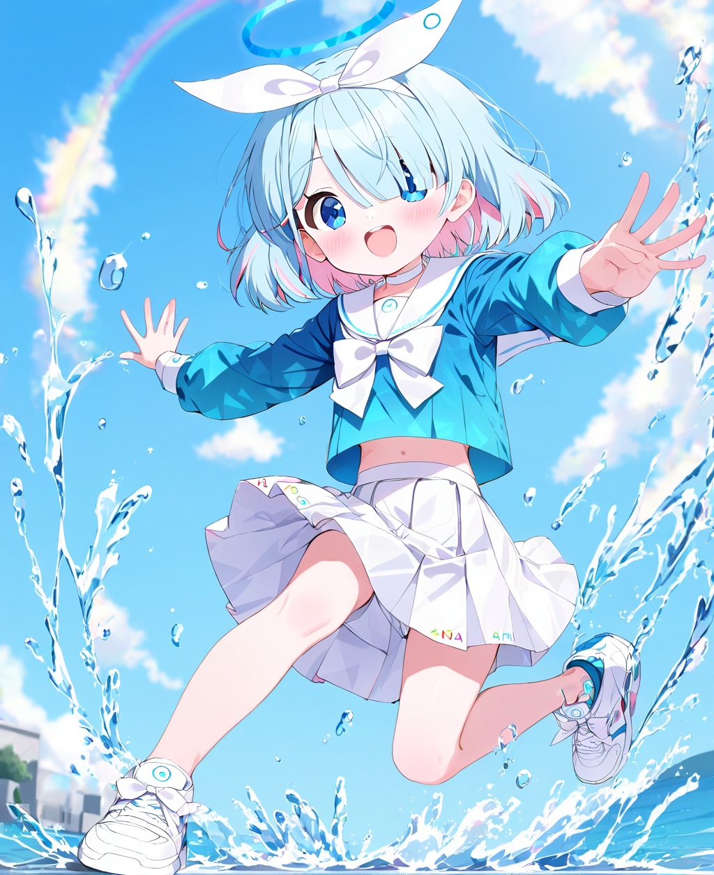 arona (blue archive),1girl, arona (blue archive), skirt, solo, white skirt, shoes, blue hair, hair over one eye, halo, water, white footwear, sneakers, smile, shirt, school uniform, sailor collar, blue eyes, braid, bow, hairband, blue shirt, multicolored hair, open mouth, choker, looking at viewer, white sailor collar, short hair, full body, long sleeves, serafuku, sky, pink hair, ribbon, blush, bangs, splashing, white choker, blue sky