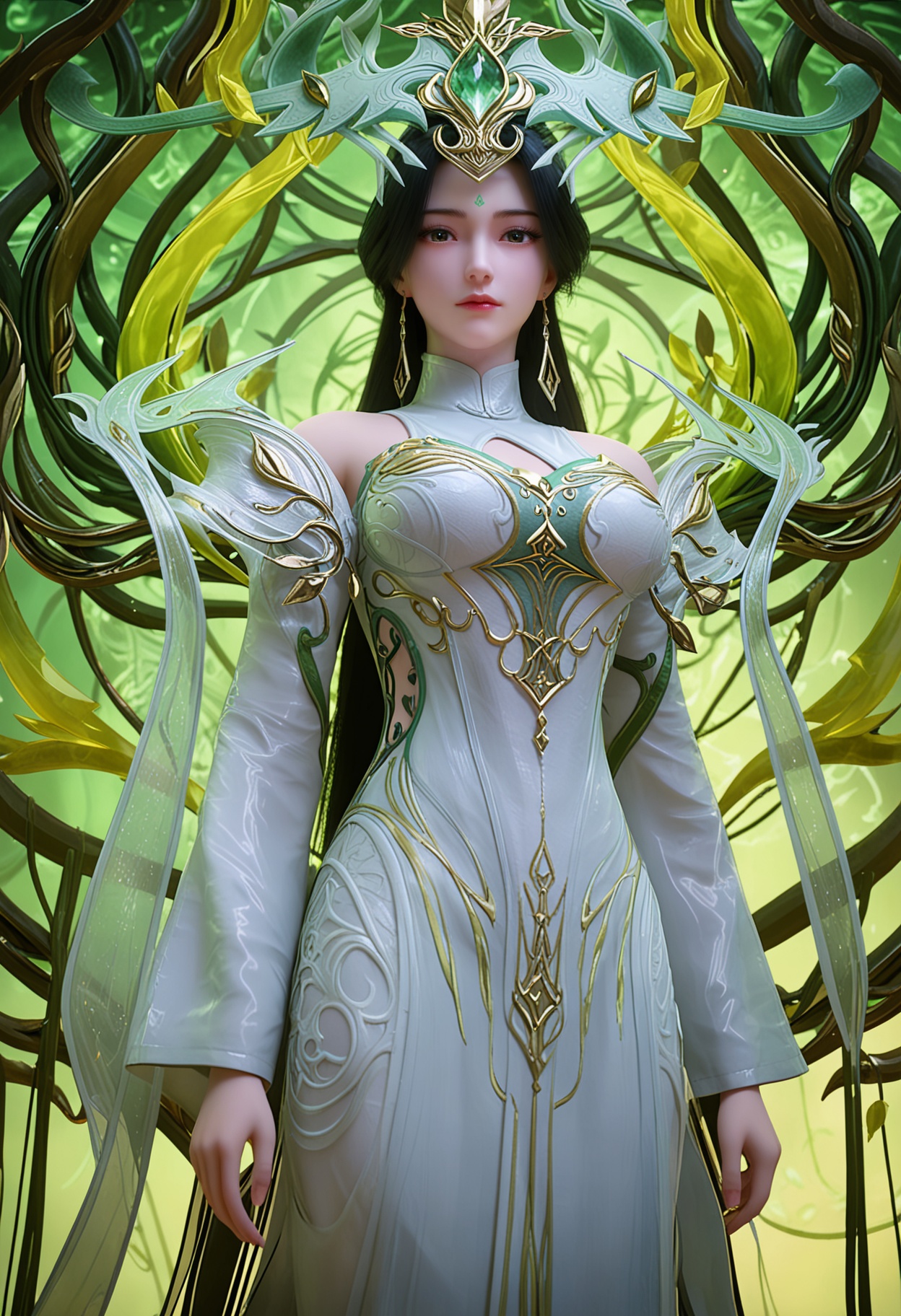 score_9,high detail,best quality,cinematic lighting,volumetric lighting,shiny skin,shiny,1girl,solo,brown_eyes,earrings,dress,long hair,jewelry,black hair,forehead mark,long sleeves,expressionless,closed mouth,white dress,clothing cutout,large breasts,bare shoulders,vines,hair ornament,green dress,looking at viewer,green theme,<lora:QQSponyliushenhjsV1:0.8>,<lora:Pony_DetailV2.0:0.8>,<lora:皮肤凹痕:0.1>,