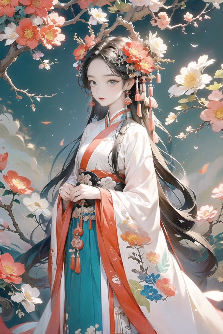guofeng,Illustrated,1girl,black eyes,long hair,flowers,multiple colors,high definition,Rich in intricate details,8K,illustration,crazy colors,tress,wide shot,1girl,hanfu,<lora:guofeng极致古风工笔:0.6>,