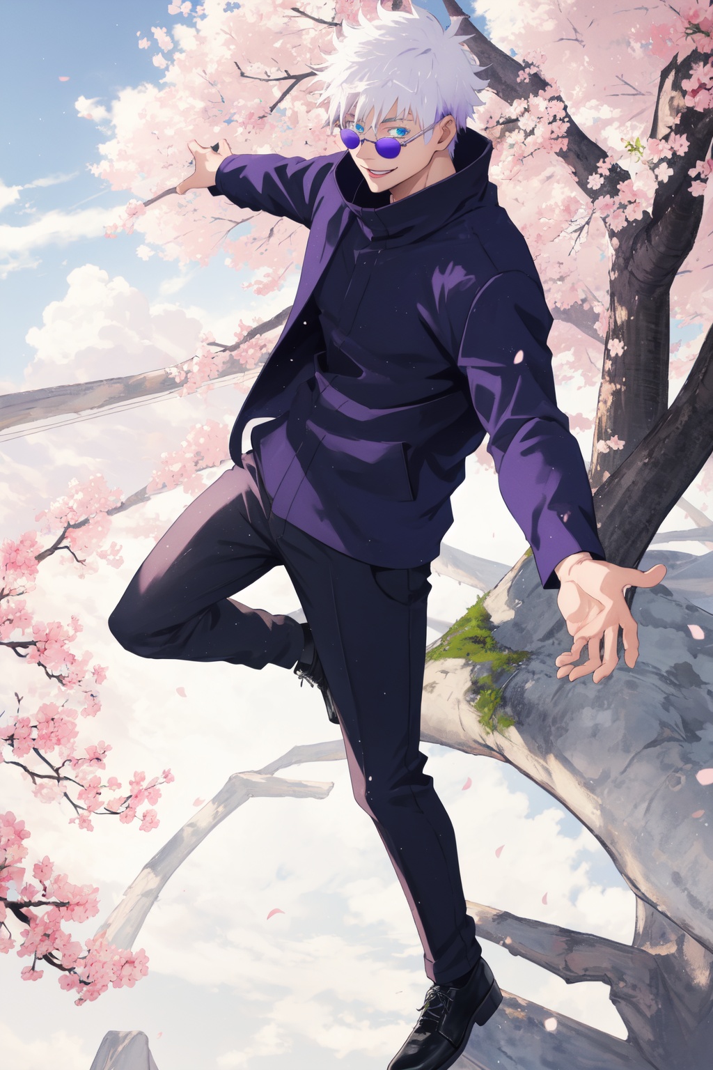 <lora:Satoru-000015:0.9>,Satoru CYQL,1boy,looking at viewer,solo,male focus,white hair,short hair,hair between eyes,blue eyes,sunglasses,round eyewear,jacket,black jacket,pants,black pants,long sleeves,smile,black footwear,high collar,shoes,full_shot,from_above,With the spring breeze, cherry blossom petals flutter beneath the trees in a confetti of pink and white, dancing lightly with the wind. A subtle fragrance fills the air,beautiful detailed sky,beautiful detailed glow,posing in front of a colorful and dynamic background,masterpiece,best quality,beautiful and aesthetic,contrapposto,female focus,wallpaper,
