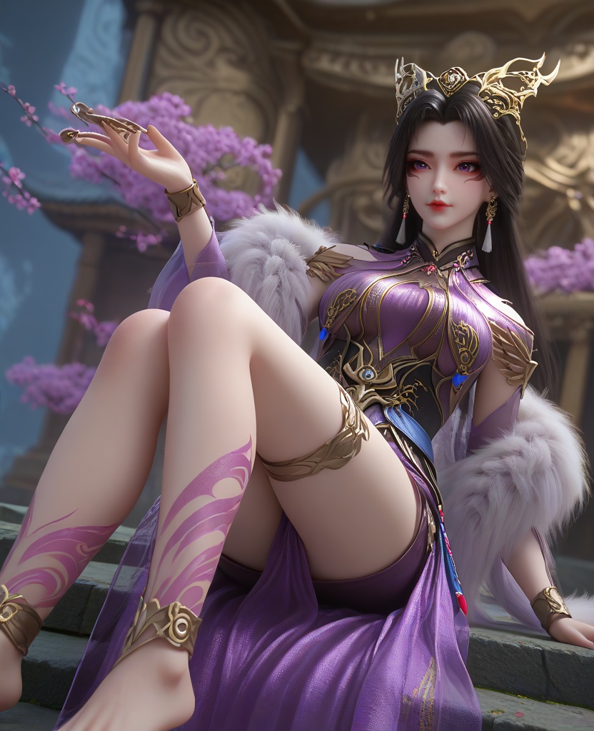 (oriental architecture, elegant decor, sophisticated style:1.1),(Feet crossed at the ankles, seated:1.1),(breasts:1.2),<lora:XL16百炼成神司妙玲:0.95>,miss simiaoling,purple dress,purple eyes,lips,eyeshadow,facial mark,black hair,long hair,hair ornament,earrings,jewelry,fur shawl,sash,black underskirt,anklet,leg tattoo,barefoot,, zPDXL2, score_9, score_8_up, score_7_up BREAK realistic, masterpiece,best quality, highly detailed,, zPDXL3, zPDXL2,zPDXL, zPDXLxxx, zPDXLrl,