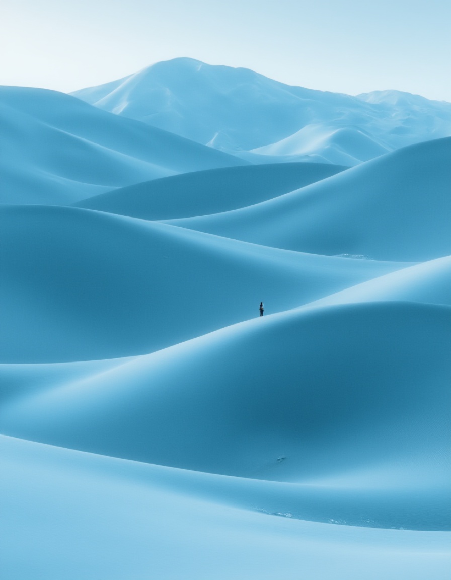 neomj,The image depicts a vast landscape of rolling sand dunes, appearing light blue in hue. A lone figure stands atop a dune in the foreground. In the distance, more dunes and mountainous terrain are visible.<lora:neomj风景_15:1>,