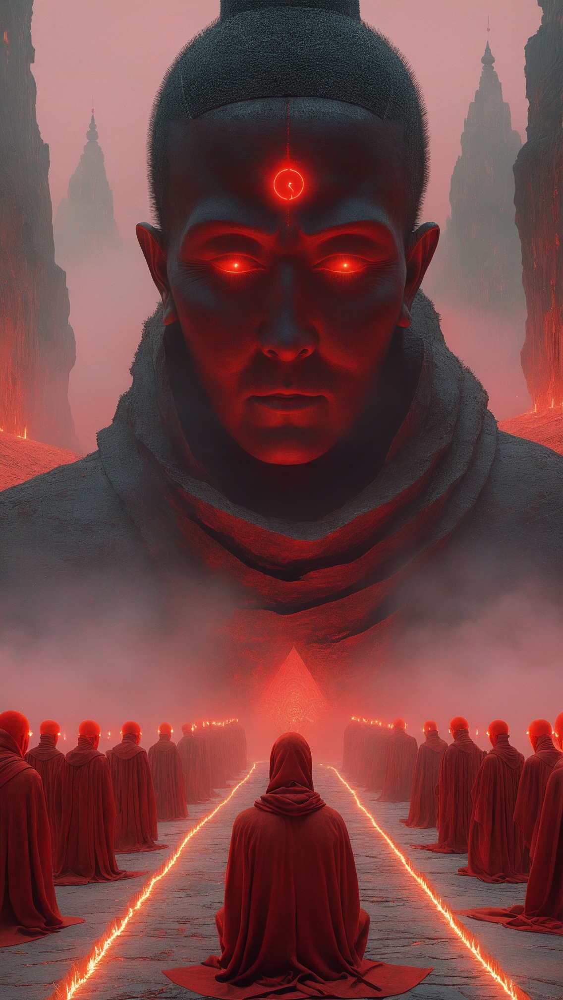 Ritual,with a giant satanic face,an army of hundreds of monks,countless endless monks kneeling on the ground,intensely bright,creating an ultra-punk scene with low-saturation translucent crimson and beige details,brightly colored dark,sad,prone to negatives,Beksinski's digital artwork,extremely detailed,dark,chiaroscuro,understated,in the style of the ******* style,close-up,Beksinski's digital artwork,Kelly Slate's style,rich in detail,ultra-high resolution,32K UHD,best quality,masterpiece,HD,