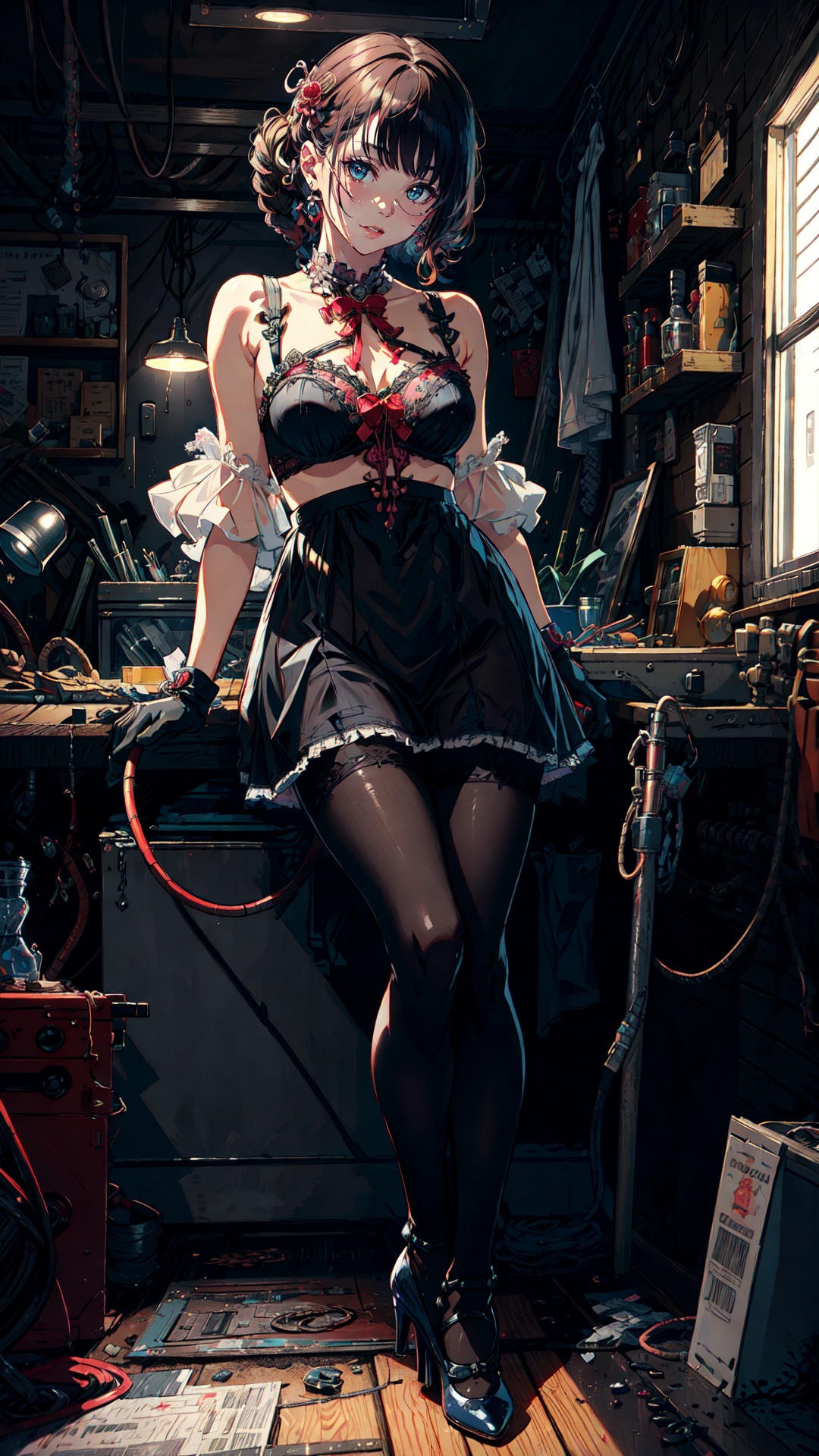 tutututu, breasts, medium breasts, see-through, underwear, lingerie, skirt,black pantyhose, cinematic style,realistic,masterpiece,best quality,extremely detailed,absurdres resolution,High quality texture,Cinematic Lighting,1girl Sitting at the table fixing robots,robot dog,cute genius japanese school girl, glasses,protective gloves,in a A basement full of neo pipes,welding,precision instruments,complex circuit,vacuum tube punk,high heels,<lora:OC:0.15> <lora:LowRA:0.3>  <lora:tutucs_v1:0.85>