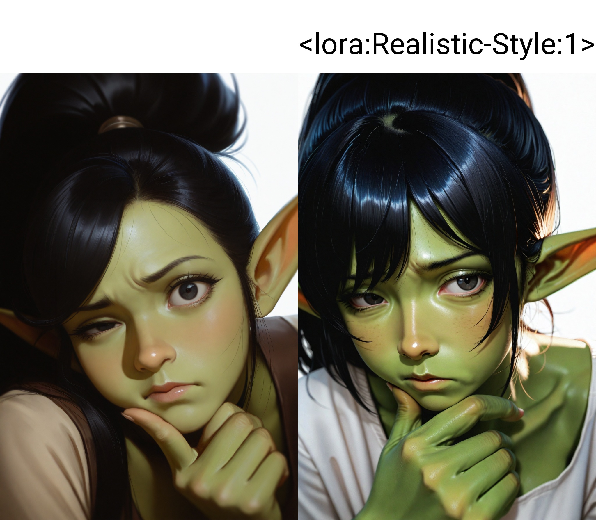 highres,absurdres,Visual impact,masterpiece,best quality,very aesthetic,amazing quality,newest,(realistic:1.3),(reality:1.3),(chiaroscuro:1.3),volumetric lighting,cinematic lighting,Natural Light,Mood Lighting,ray tracing,1girl,extremely delicate and beautiful,Noise and grain,huge filesize,hatching_(texture),foreshortening,glamor,mature_female,looking_at_viewer,sideways_glance,from_side,portrait,black hair,(green skin:1.1),goblin,elf ears,high ponytail,swept bangs,thinking,confused,frown,serious,white_background,Slightly_open_mouth,uneven_eyes,hand_on_own_chin,black eyes,head_down,