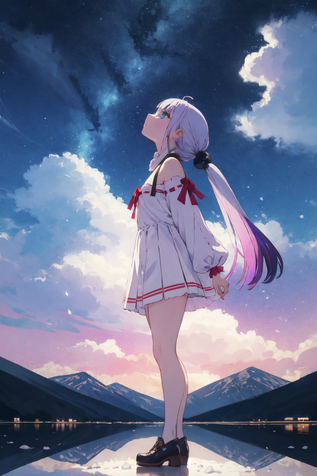 <lora:Kanna-000015:0.9>,kanna cyql,1girl,looking at viewer,solo,long hair,purple hair,blunt bangs,twintails,low twintails,multicolored hair,blue eyes,child,Sculptural one-shoulder dress with oversized pleated details,grin,profile,On clear days, the salt lake becomes a colossal mirror, reflecting the sky and clouds above. White salt flats stretching towards distant mountains paint a surreal scene,(Boxwood hedges, Statues, Formal parterres, Fountain, Classic architecture, Symmetry:0.5),beautiful detailed sky,beautiful detailed glow,posing in front of a colorful and dynamic background,masterpiece,best quality,beautiful and aesthetic,contrapposto,female focus,wallpaper,