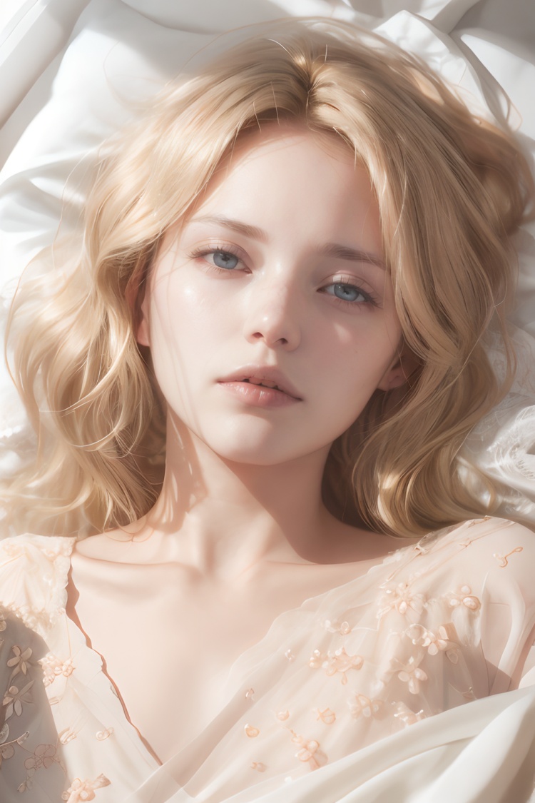 A woman,lying on the bed,close-up photo,blonde hair,bust,upper_body,close-up,face_focus,white_marble_glowing_skin,oval face,makeup,light_blush,lipstick,highres,absurdres,rim light,Cinematic Lighting,moody lighting,lace-trimmed_dress,shy,