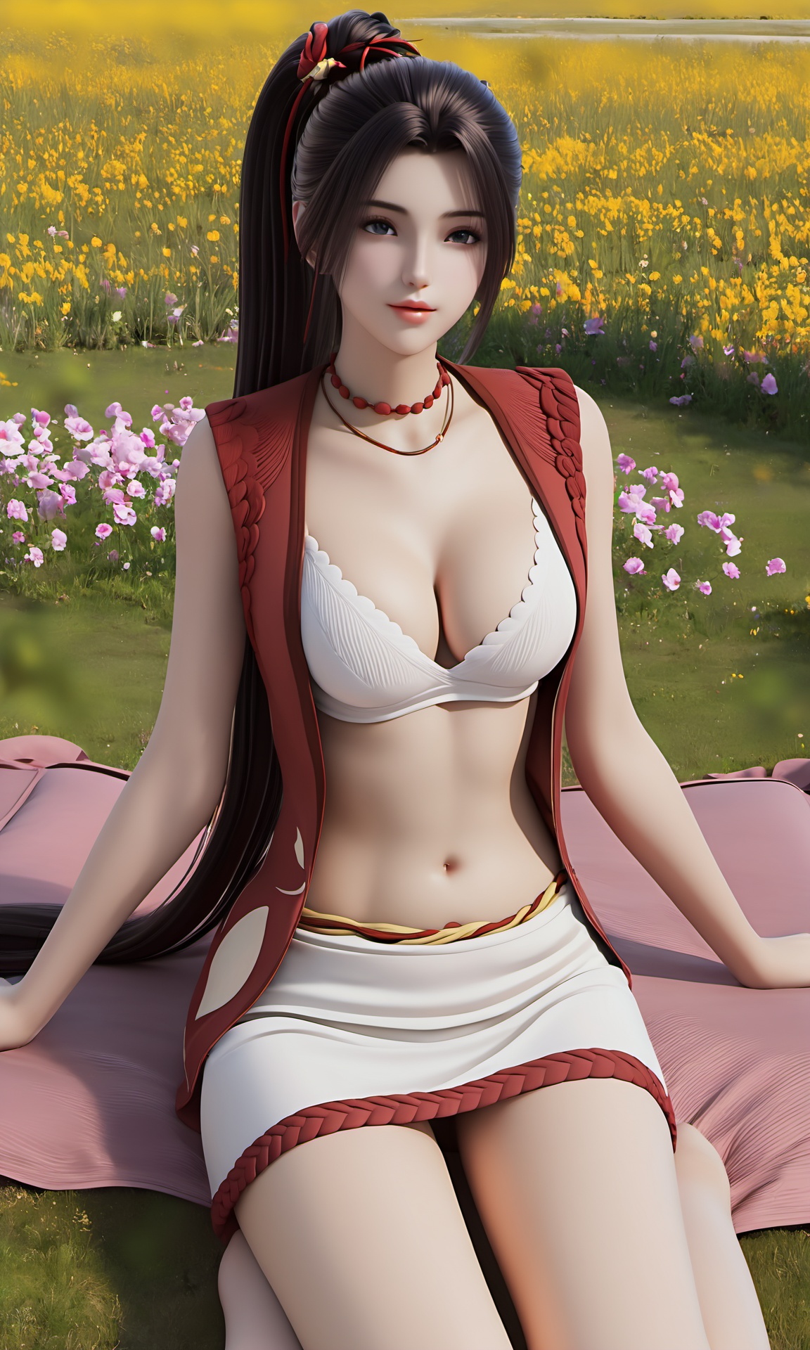 Hailey,front view of Hailey-type girl with brown high ponytail long hair and parted bangs,(naked:1.4),(bare legs:1.2),lying on the bed,(white_bra:1.2),(cleavage:1.2),(large breast:1.2),full body,in the flower field,highly detailed,ultra-high resolutions,32K UHD,masterpiece,best quality,<lora:ZHUXIAN-Hailey-000019:0.9>,surrounded by many flowers,(NSFW:1.2),